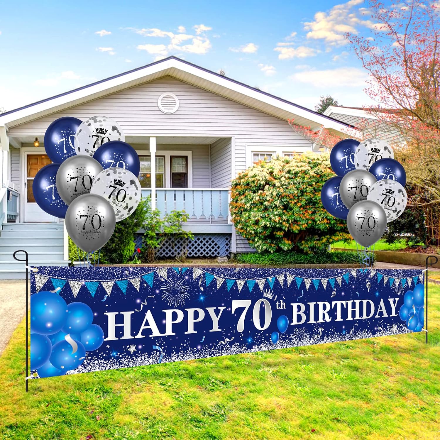 Navy Blue Silver Happy 70th Birthday Yard Banner, Blue 70th Birthday Balloons for Anniversary Party Decorations