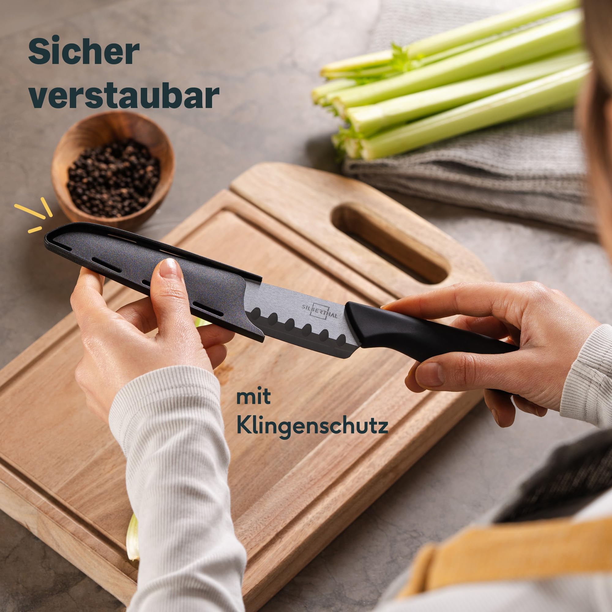 SILBERTHAL Zestaw noży ceramicznych 3 szt. – ostre noże szefa kuchni 15 cm, nóż Santoku 13 cm, nóż do obierania 7,5 cm