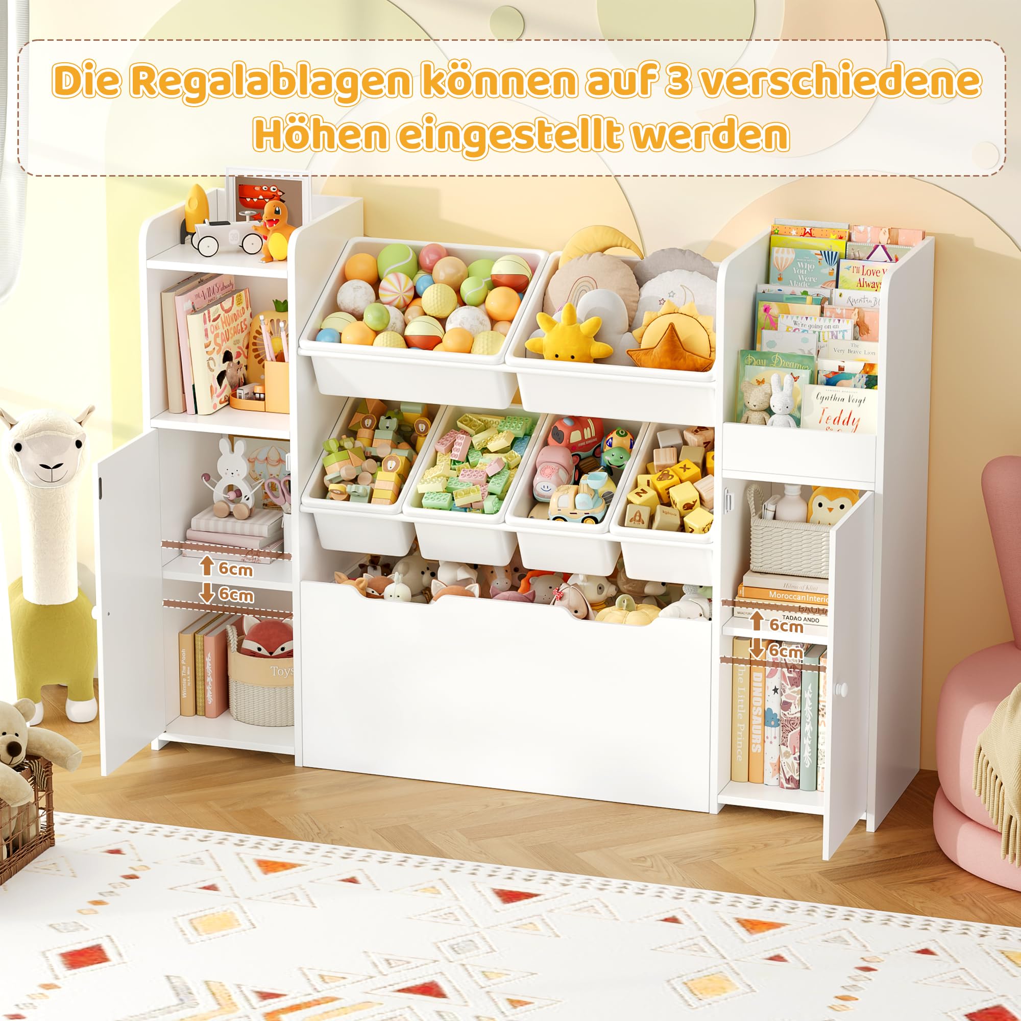 FOREHILL Kinderregal mit 7 Boxen, Kinderzimmer Möbel, Bücherregal Kinder | Kinderregal, Spielzeug Aufbewahrung, Kinderschrank mit spielzeugkiste, Kinderzimmer, Kindergarten, Leseecke 138x30x94cm