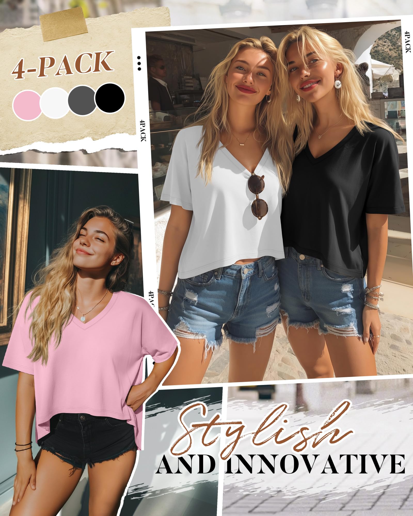 Neer Lot de 4 t-shirts courts surdimensionnés pour femme, col en V, manches courtes, ourlet irrégulier, haut baggy