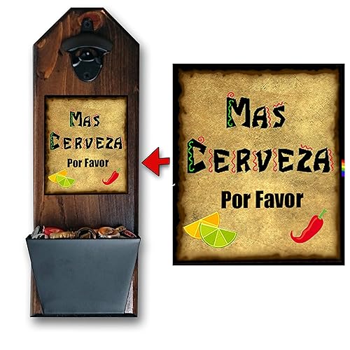 Mas Cerveza Wall Mounted Bottle Opener and Cap Catcher - Handcrafted by a Vet - 100 Solid Pine 34 inch Thick - Rustic Cast Iron Bottle Opener and
