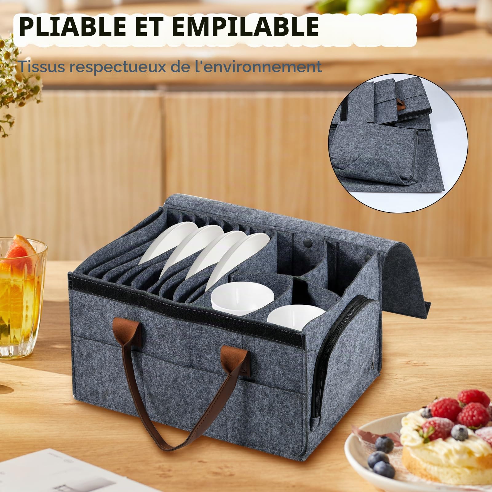Boîte de rangement en feutre pour assiette de caravane avec porte-gobelet, récipient de rangement pour vaisselle de camping avec séparateur amovible, couvercle et plateau de rangement pour protéger