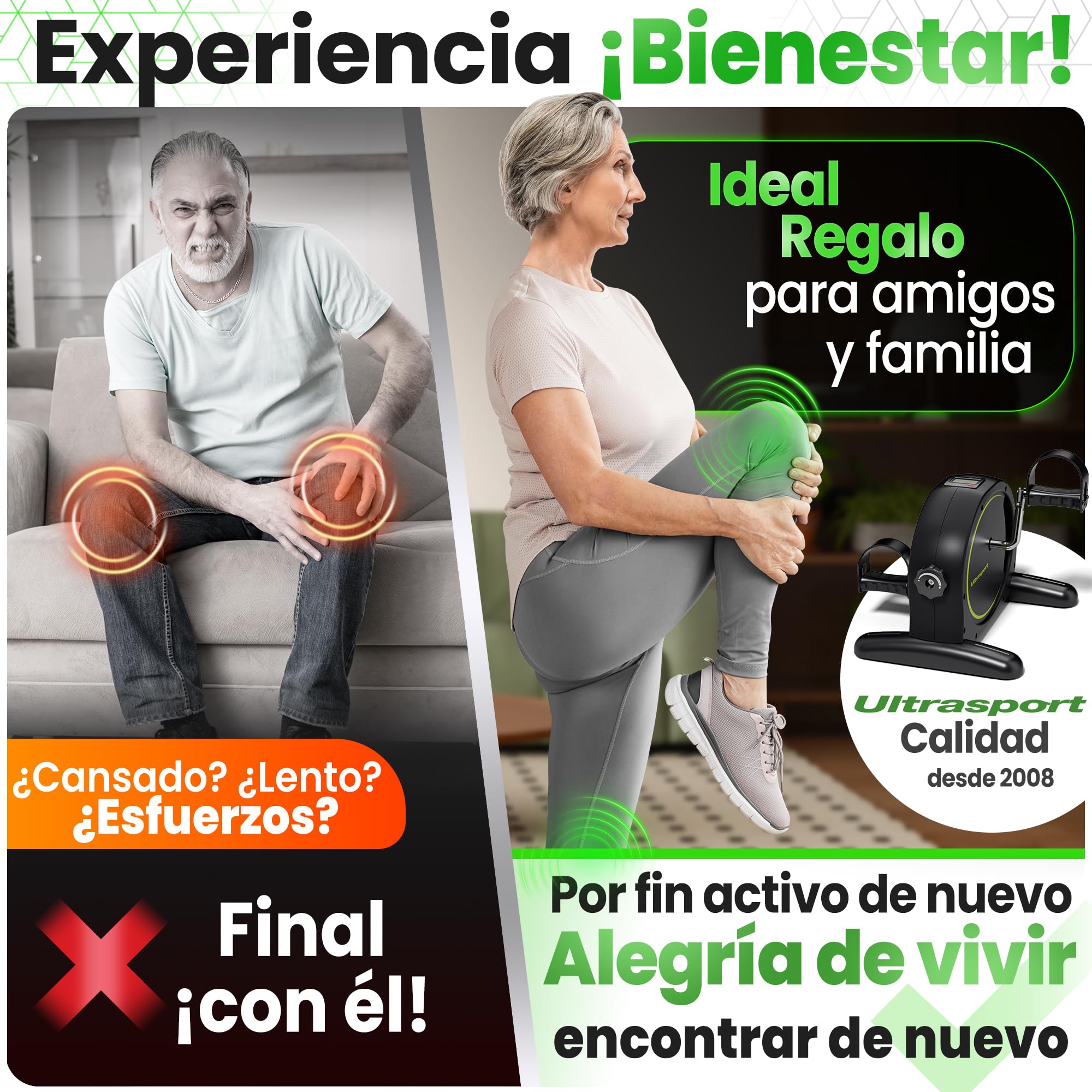 Ultrasport Pedales Estaticos para Personas Mayores y Ancianos con Alfombrilla y Correa I Pedaleador Sentado para Ejercicio en Casa, Mini Bicicleta Estatica de Piernas y Brazos