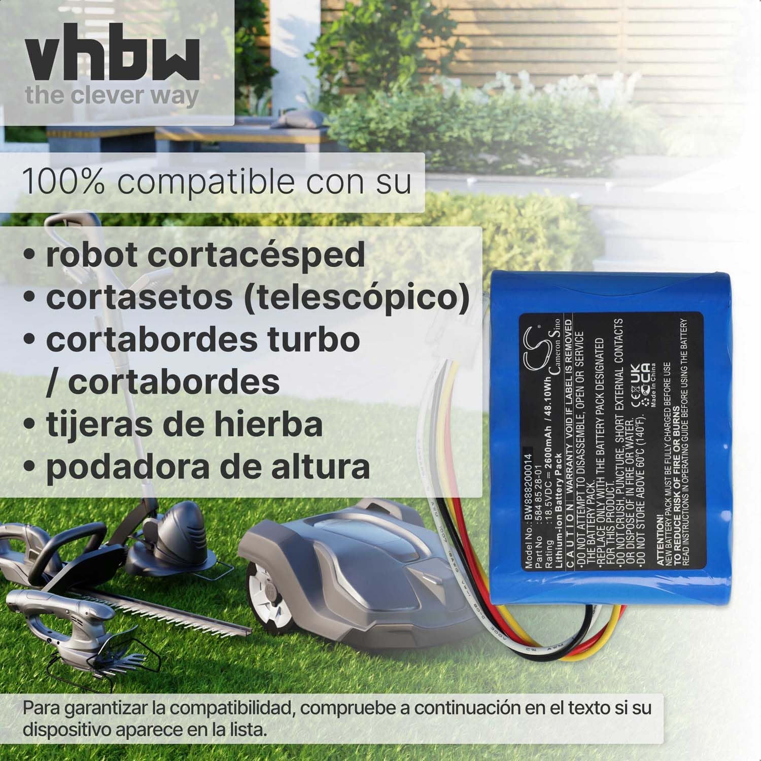 vhbw Batería reemplaza Husqvarna 592 96 83-01 para cortacésped 2600mAh 18,5V Li-Ion