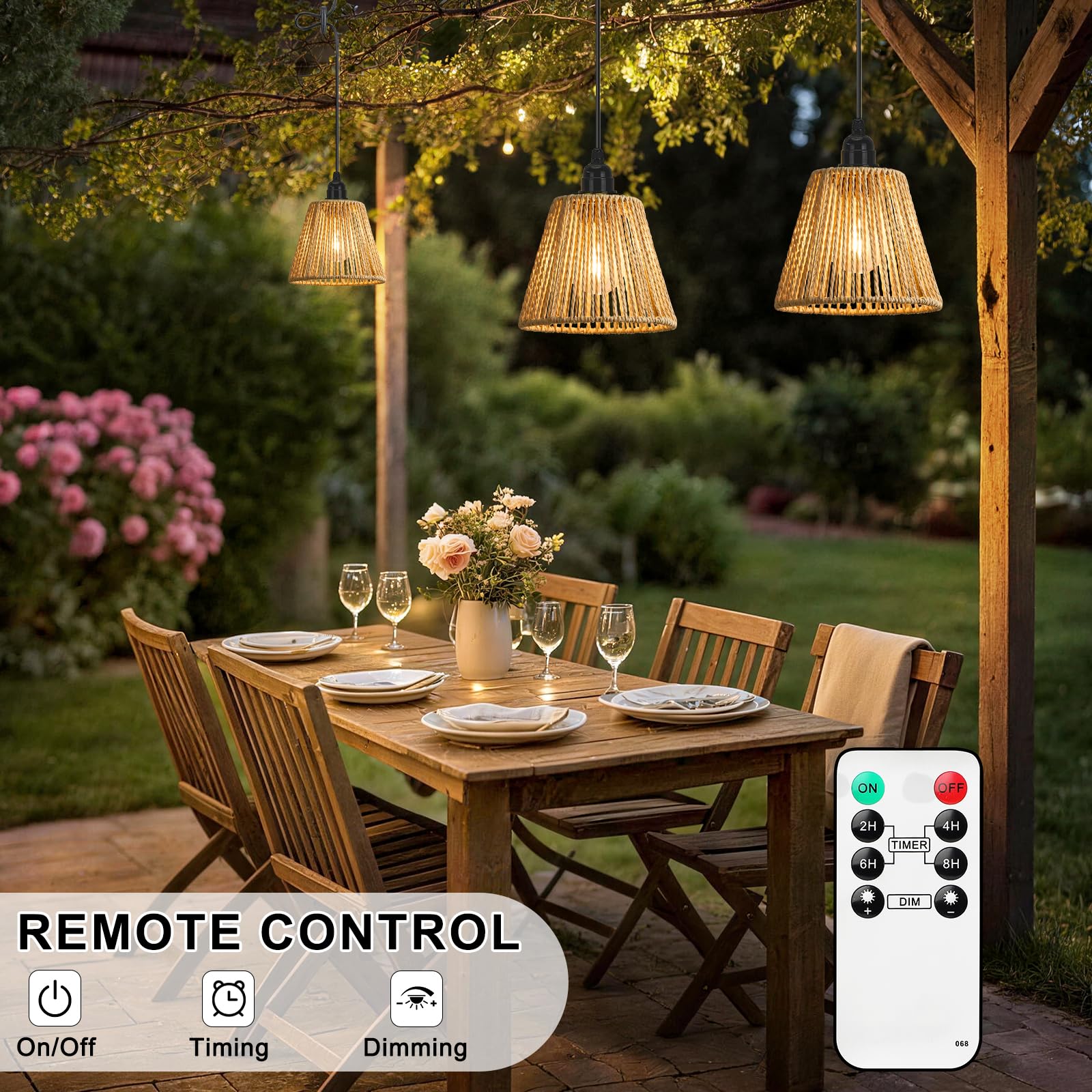 Lightess 3x Pendelleuchte Akku Hängelampe dimmbar Hängeleuchte Boho IP65 | Rattan-Lampenschirm, ohne Stromanschluss, Fernbedienung dimmbar 4 Stufen & Timer für Garten, Terrasse, Schlafzimmer, Esstisch
