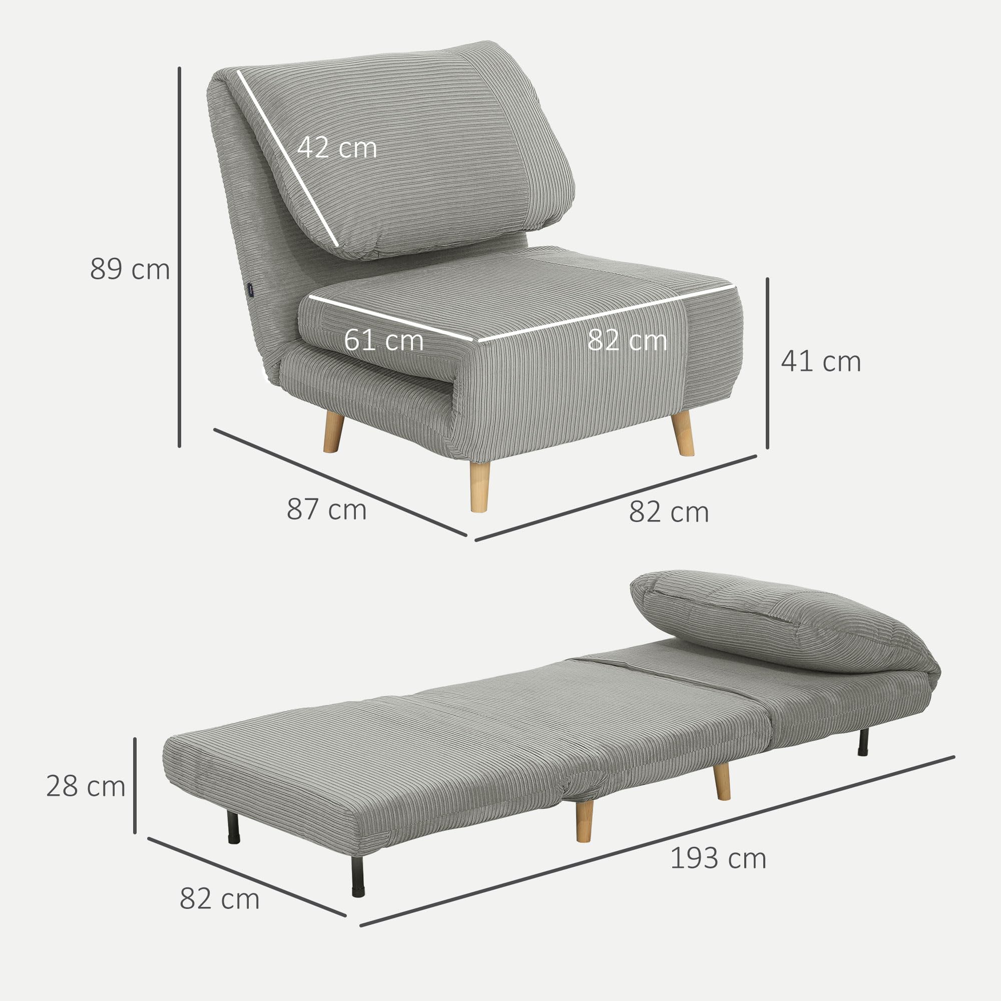 HOMCOM 2 in 1 Schlafsessel Klappbar Gästebett 82 x 87 x 89 cm Grau | Schlafsofa mit Bettfunktion, Verstellbarer Rückenlehne, Relaxsessel in Cordoptik, Klappsessel, bis 200kg
