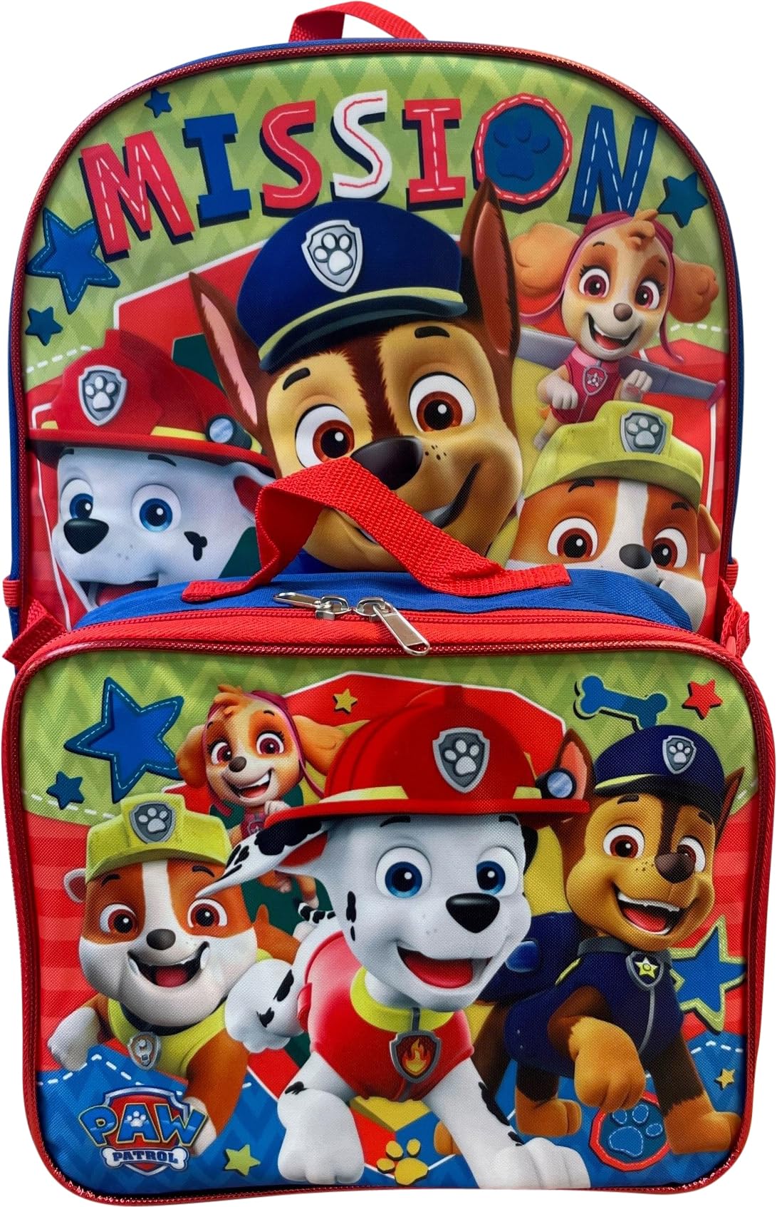 Ruz Paw Patrol Boy's 16 Inch Backpack With Removable Matching Lunch Box Set (Blue-Red)