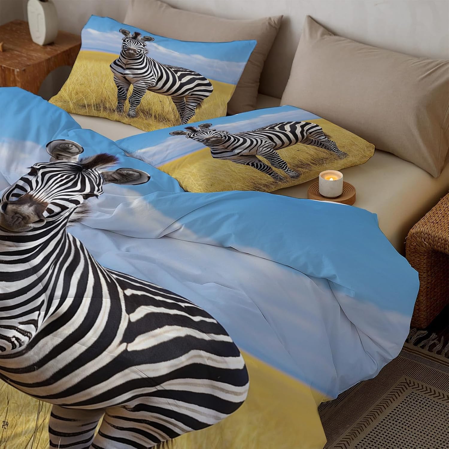 Animal Zebra Print Duvet Cover African grasslands Texture Bedding Size,Reversible Solid Color Classic Color Printed Plaid Duvet Cover,Includes 1 Duvet Cover