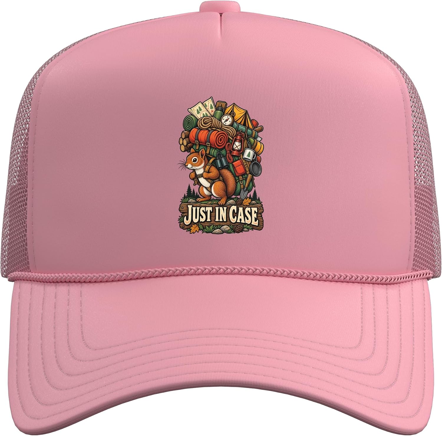Just in Case Funny Camping Hiking Outdoor Squirrel Camper Trucker Hat with Adjustable Mesh Back image 2
