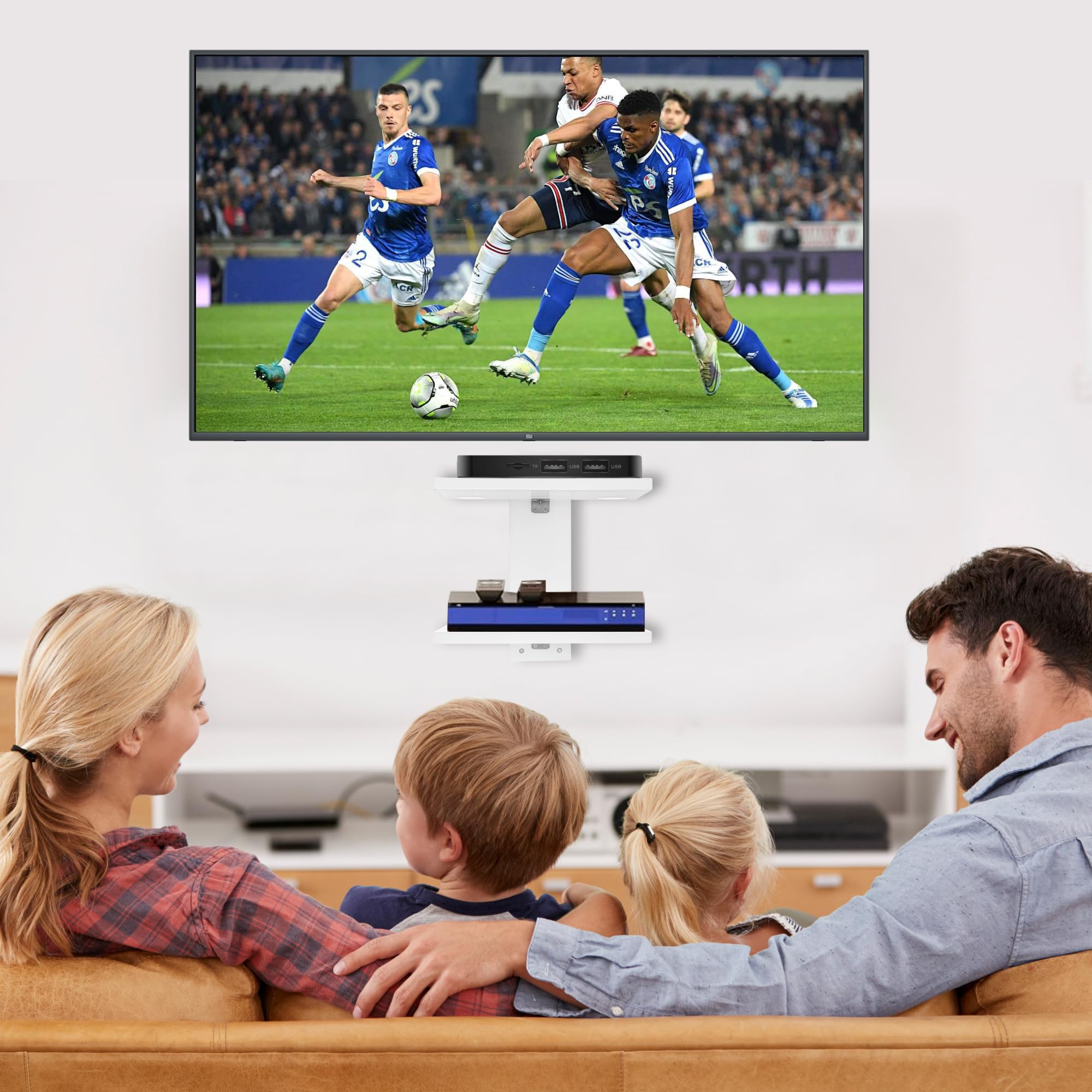 Schwebende Projektor-Wandhalterung TV-Regal, Holz Wand montiert unter TV schwebenden Regal für Projektor, PS5, DVD-Player, Spielkonsole, Kabel-Box, 2Tiers（Weiß）