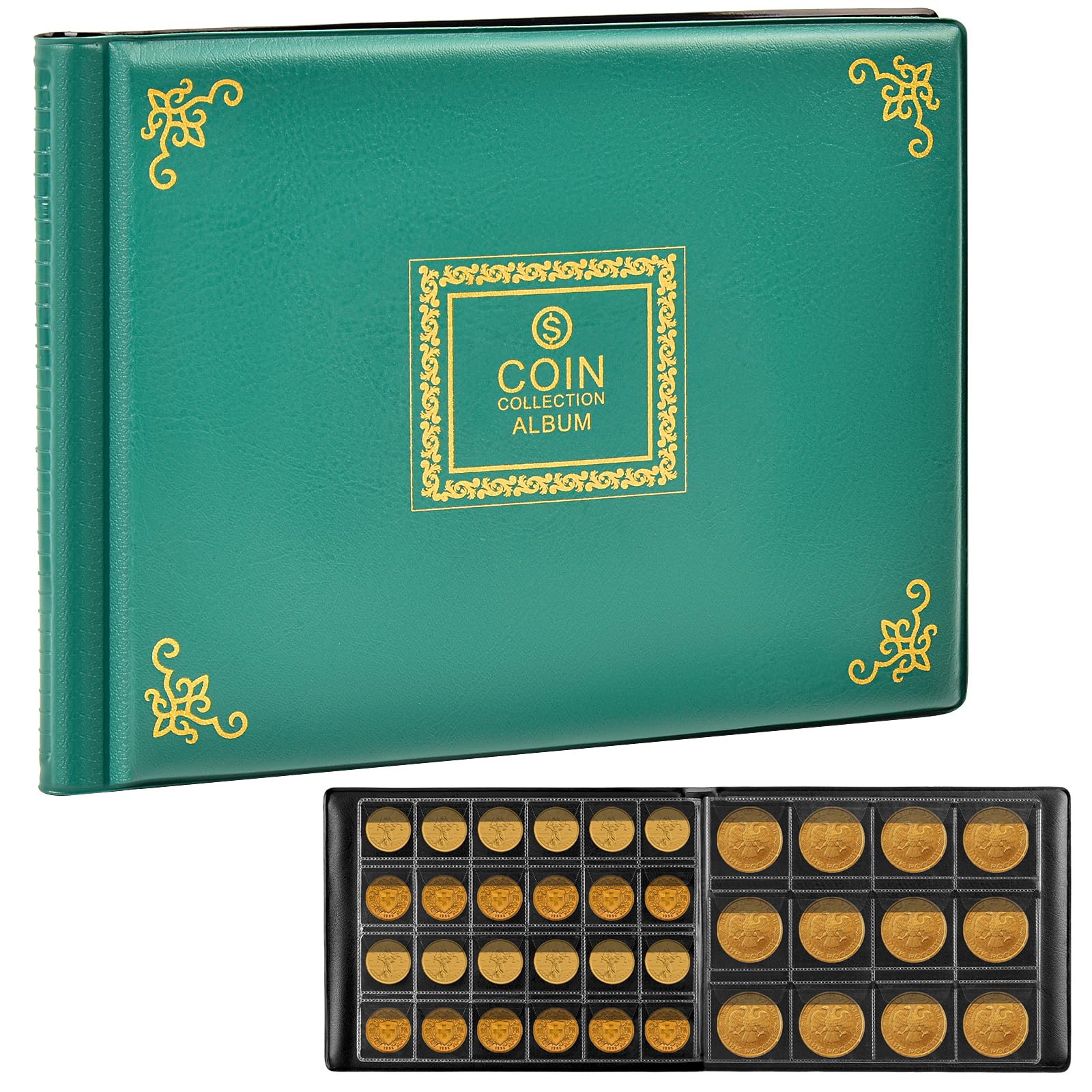 Coin Collection Supplies Holder Book for Collectors, 300 Pockets Coin Collection Organizer Storage Box Case Album for 20/25/ 27/30/ 38mm Coins (Vintage pattern green)