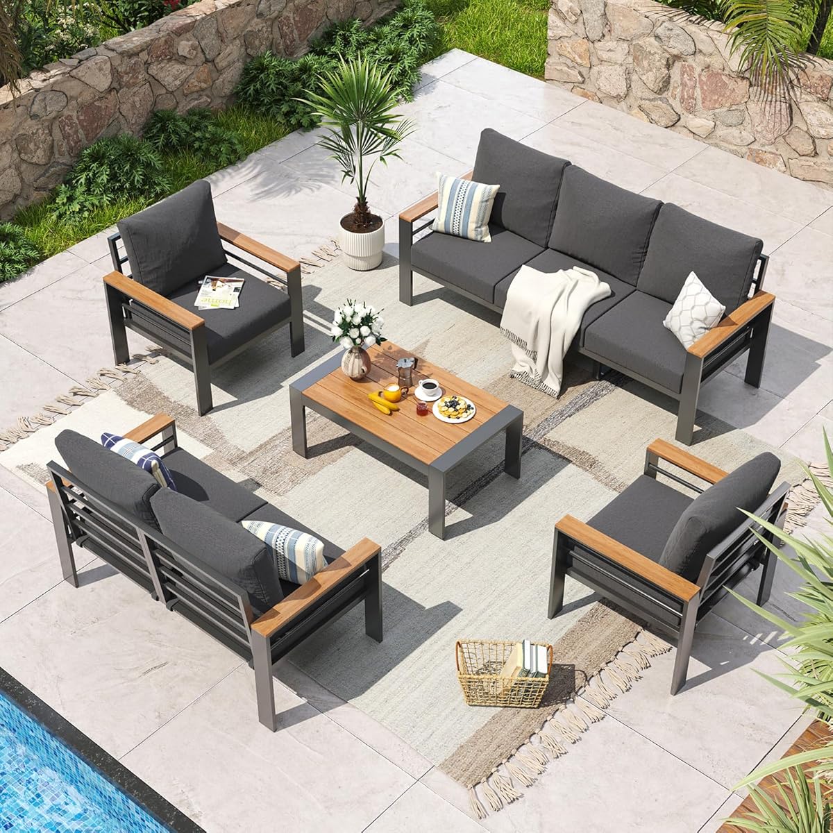 Aoxun Aluminum Patio Furniture Set 7 Seats, Oversized Outdoor Sectional with Washable Thick Cushions, Coffee Table and Waterproof Cover, Patio Conversation Sets for Porch, Balcony, Deck