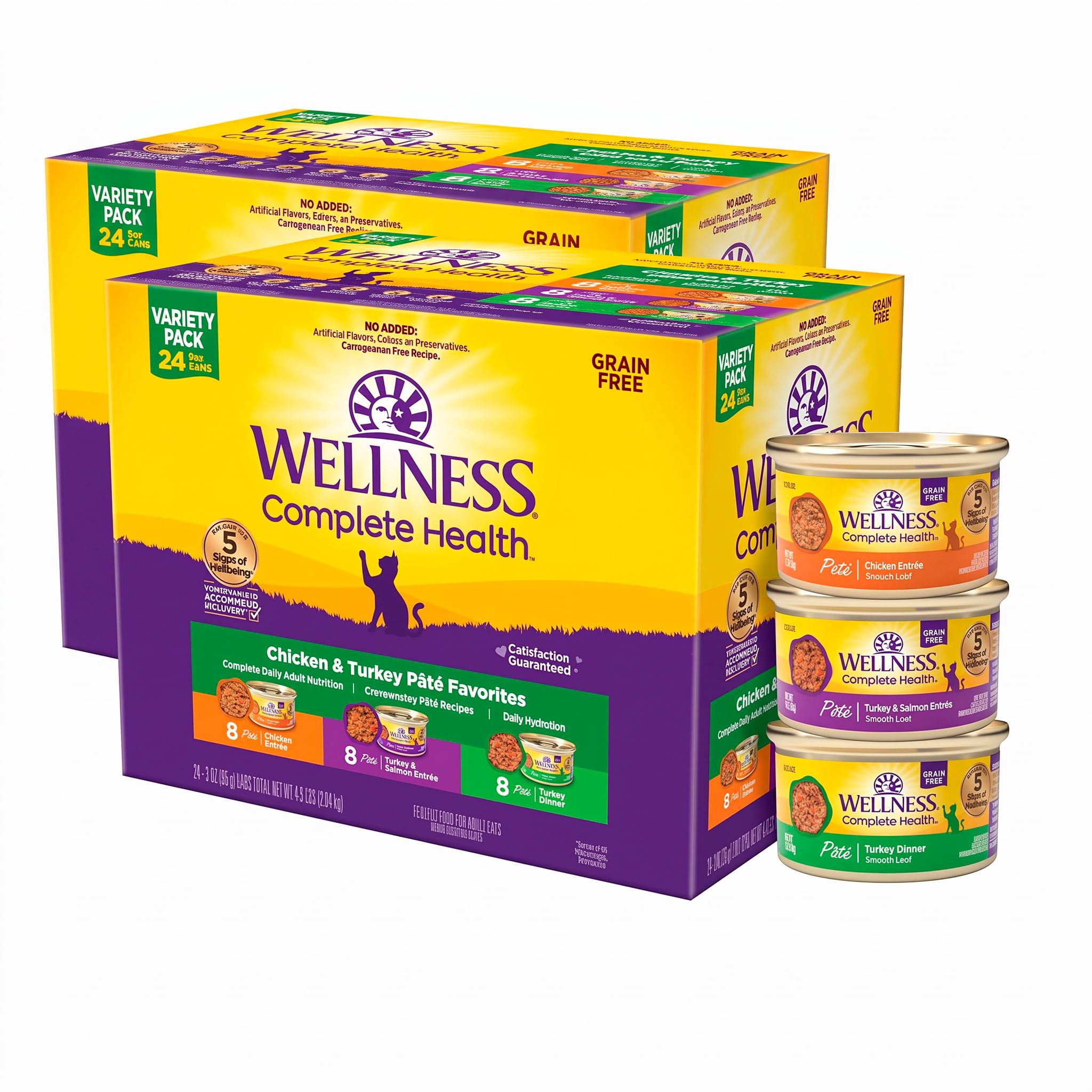 Wellness Complete Health Pate Adult Wet Cat Food,Natural,Protein-Rich,Grain-Free,3 Ounce,(Chicken &amp; Turkey Variety Pack),(Pack of 48)