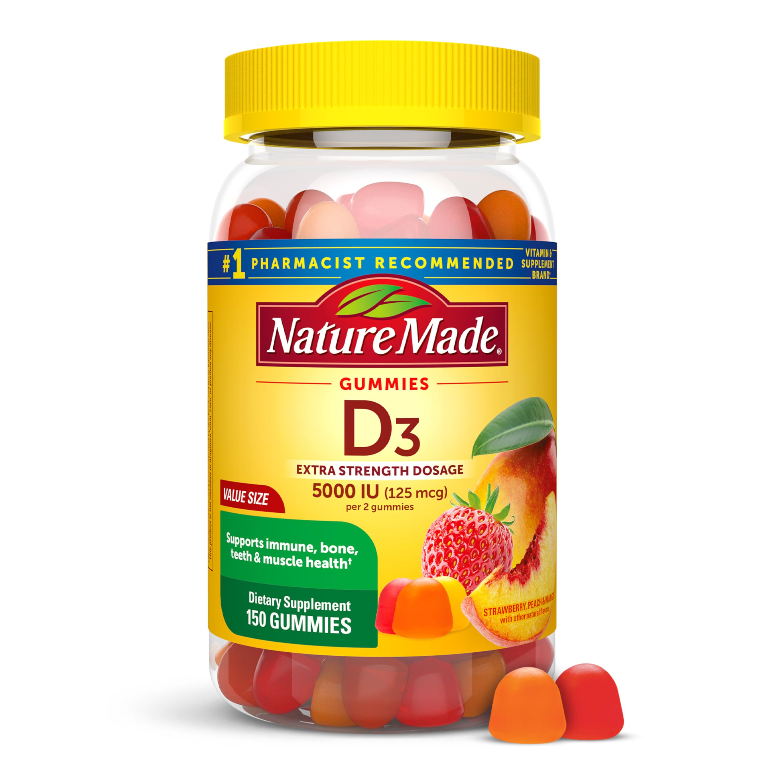 Nature Made Extra Strength Vitamin D3 5000 IU (125 mcg) per serving, Dietary Supplement for Bone, Teeth, Muscle and Immune Health Support, 150 Gummies, 75 Day Supply