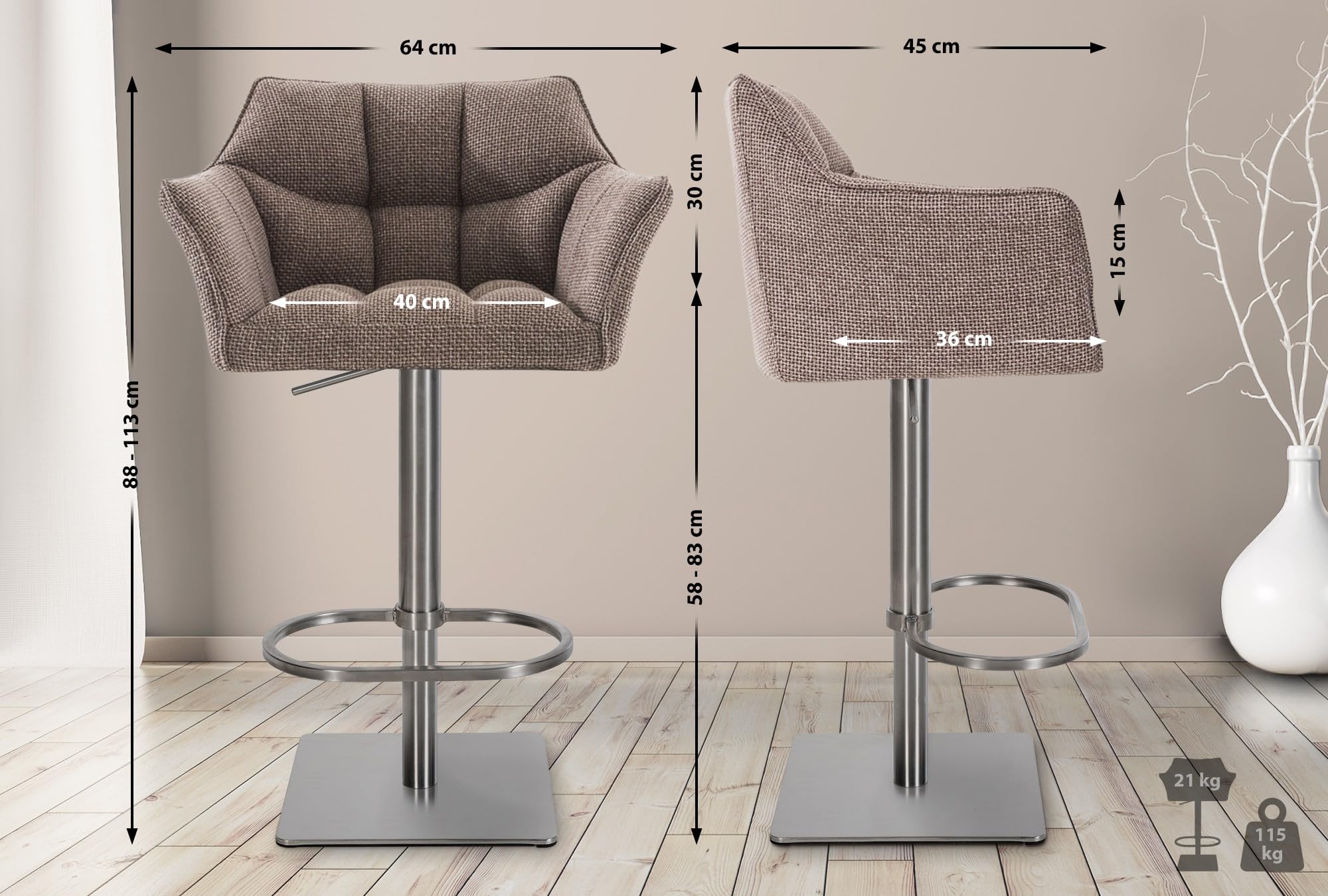 CLP Barhocker Damaso Elfenbein - Höhenverstellbarer Barstuhl Mit Rückenlehne & Stoffbezug