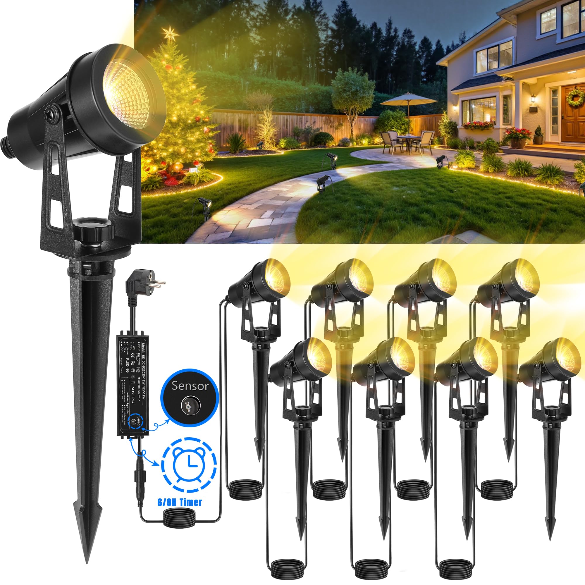 Gartenbeleuchtung Mit Strom, 8er Pack/14M Gartenstrahler Led Außen Wasserdicht mit Zeitschaltuhr und Lichtsensor Funktion, 3000K Weiß 12V IP65 Strahler Außen für Gartenweg, Terrasse, Bäume