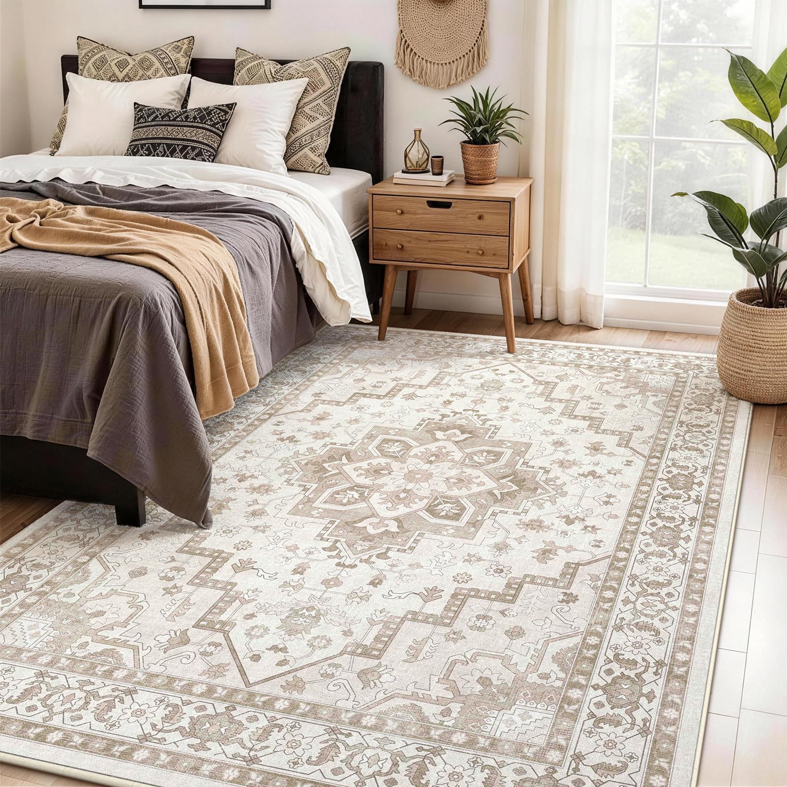 FVVRAX Vintage Rugs Living Room 80x150cm, Beige Rugs for Bedroom Bedside, Machine Washable Rug with Anti-Slip TPR Backing, Soft Area Rug Low Pile Pet Friendly Carpet for Lounge Kitchen Office Nursery