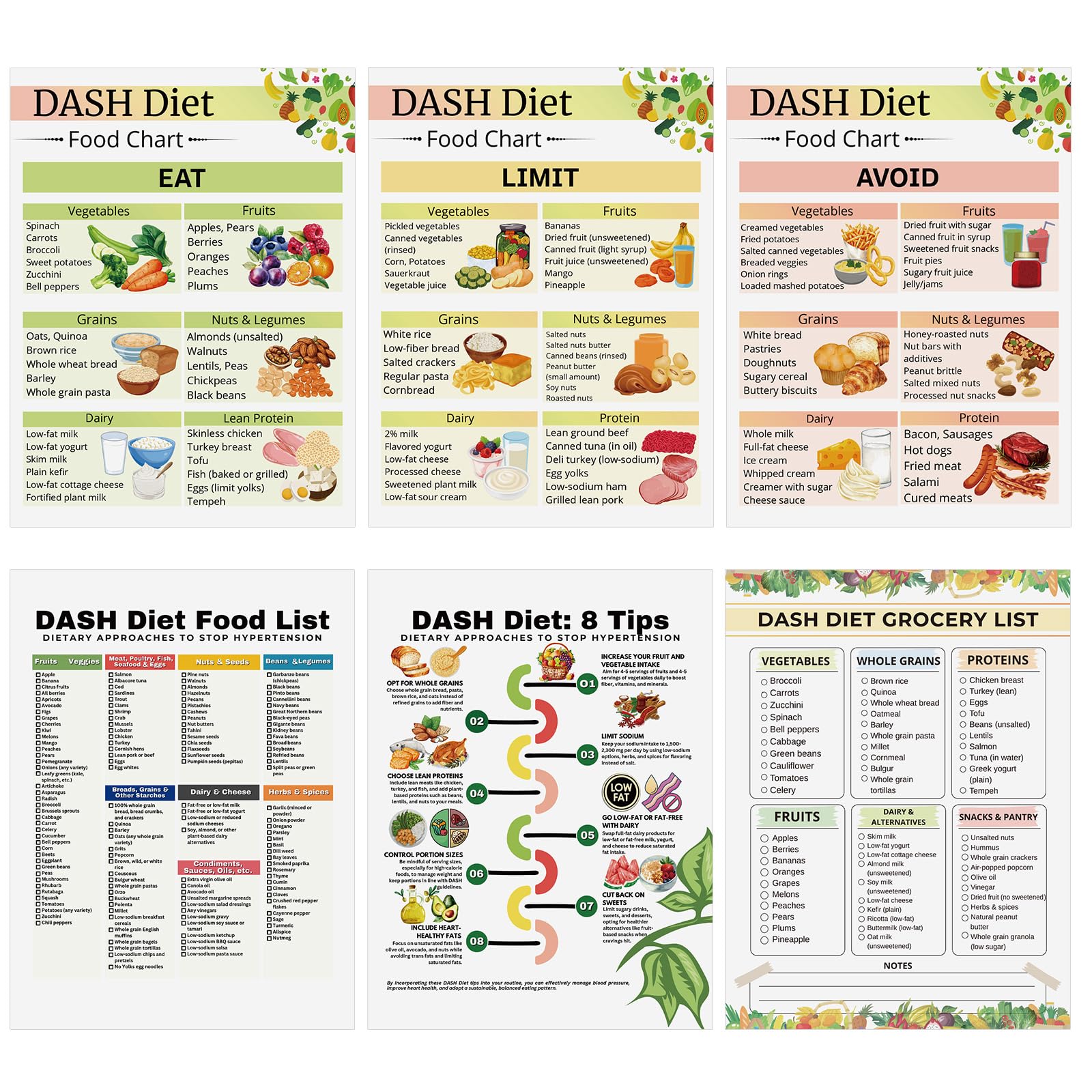 Honoson 6 Pcs Dash Diet Food List Poster Dash Grocery Food Chart Hypertension Diet High Blood Pressure List Wall Art Kidney Healthy Meal Plan for Wall Room Kitchen Fridge Elder Dieters Diabetic Women โ image 1