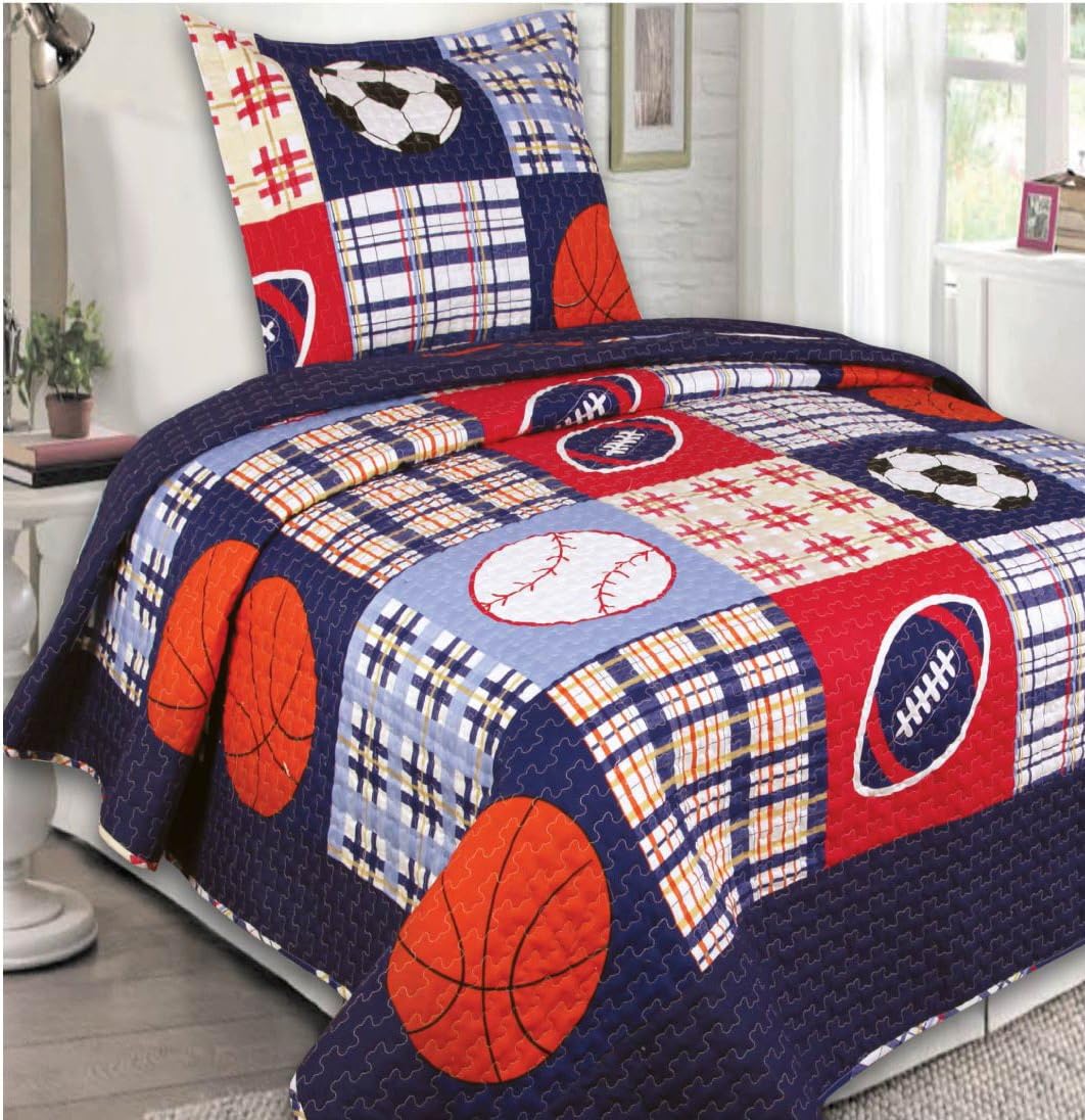 Elegant Home Multicolor Blue Red White Orange Patchwork Sports Basketball Football Baseball Soccer Design 2 Piece Coverlet Bedspread Quilt for Kids Teens Boys Twin Size # 26