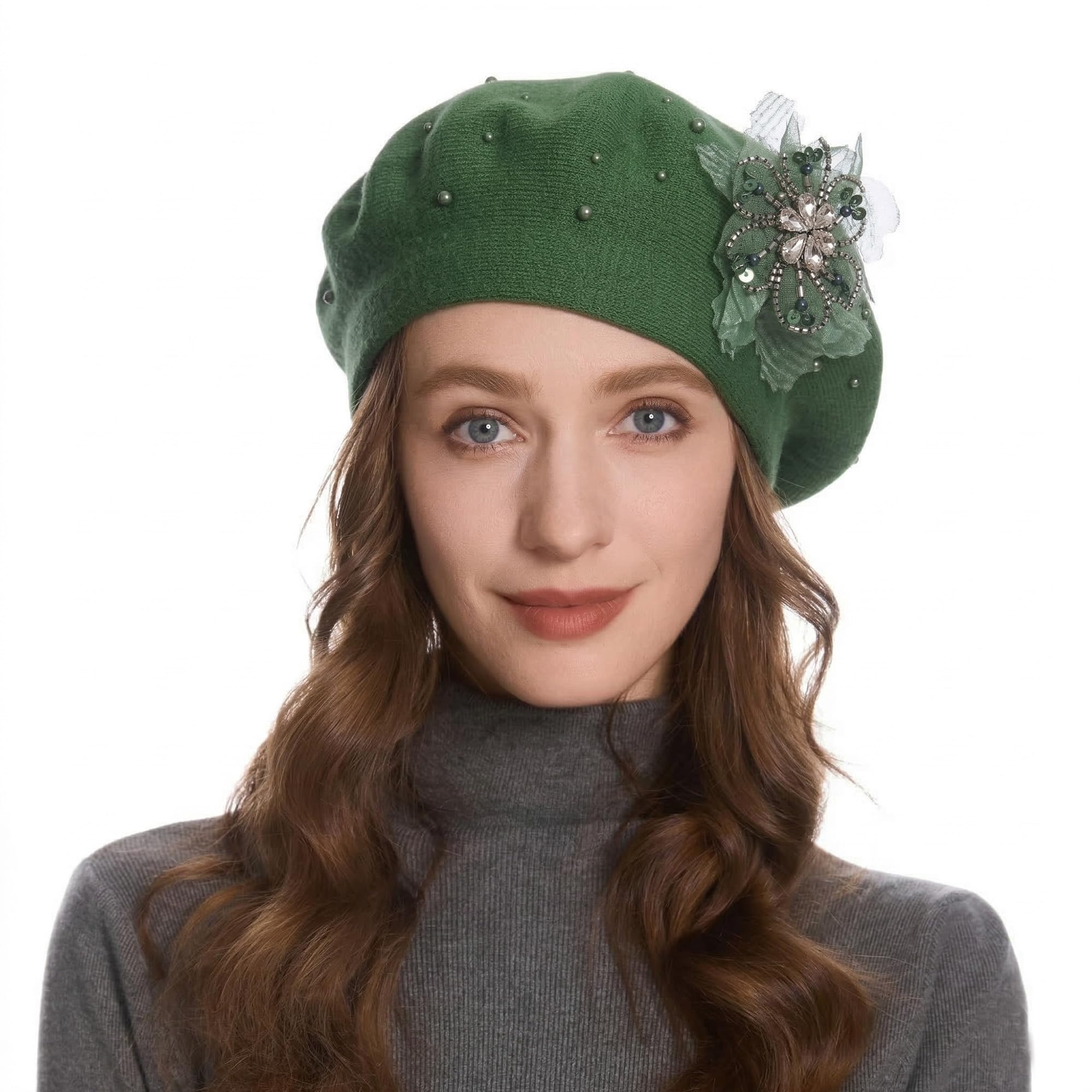 ZLYC Womens French Beret Hat Reversible Solid Color Cashmere Mosaic Warm Beret Cap(Lace Flower Green),One Size