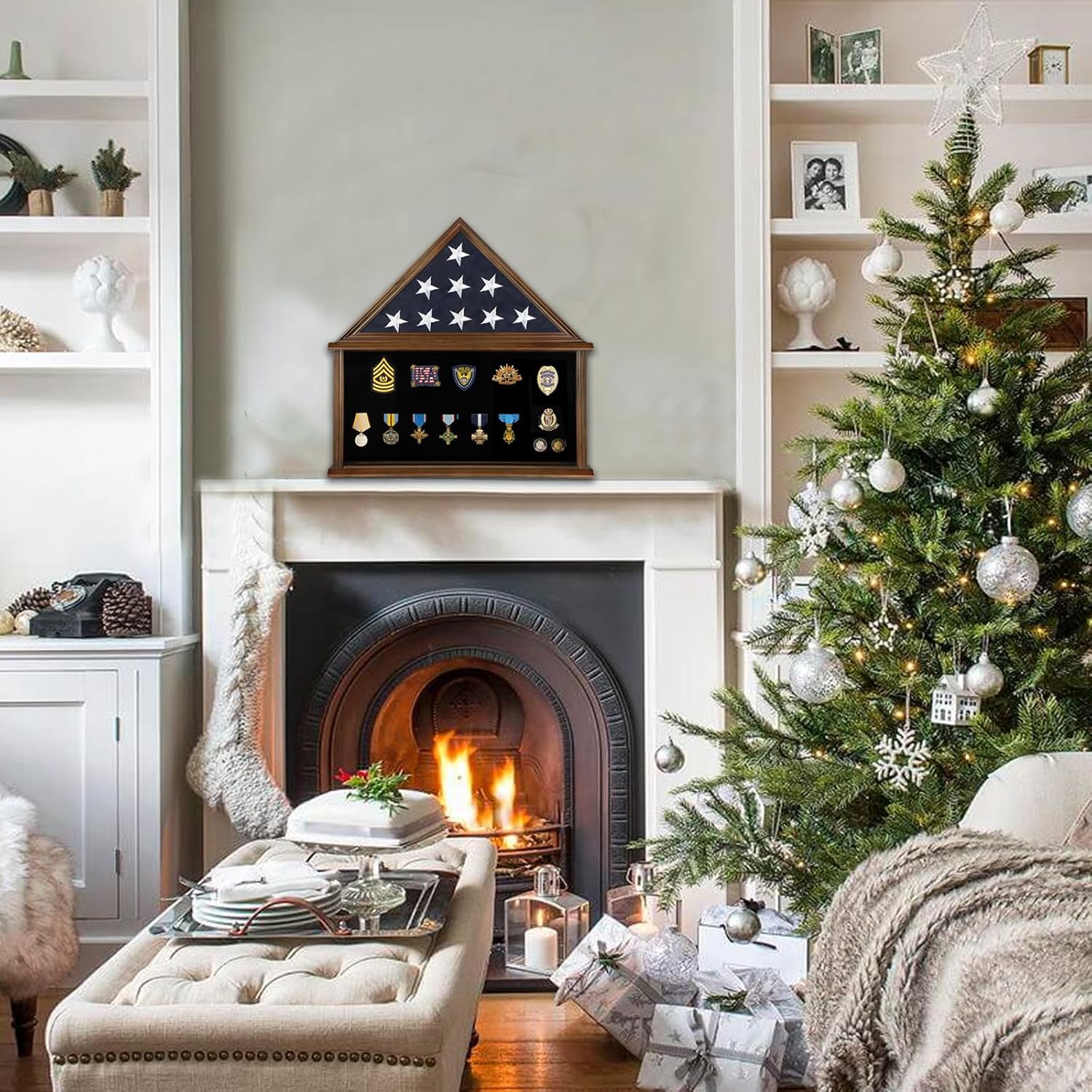 Large Military Burial Flag Display Case for American Folded Veteran 5'x9.5' Burial Flag and Military Medals - Solid Wood Shadow Box Gift with Real Glass Certificate Holder -Walnut