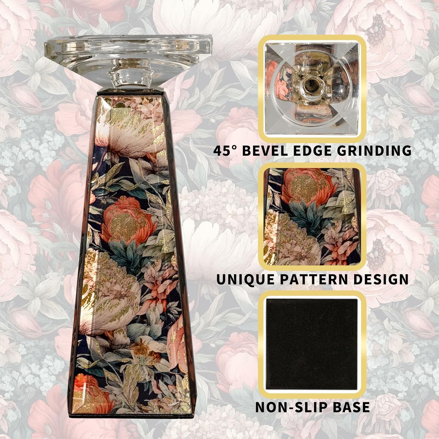 Tall Glass Candlestick Holder with Floral Pattern,Candle Holder for Pillar, Single Piece Decorative Centerpiece for Living Room, Patio, Weddings - Women’s Day Gift