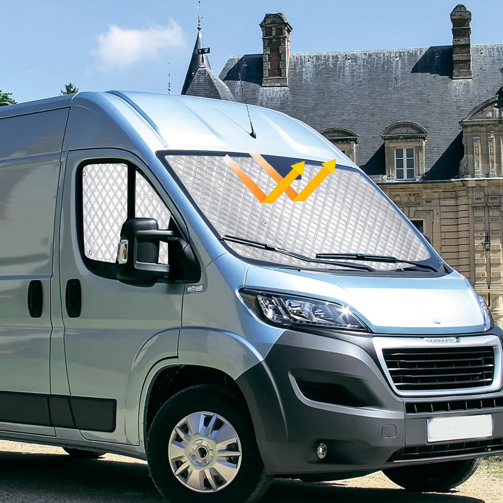 Coprifari interni termici per Fiat Ducato X250/290 e Peugeot Boxer 2006-2025, set di 3 tende parasole impermeabili e anti-UV pieghevoli per il parabrezza anteriore, per oscuramento interno e privacy
