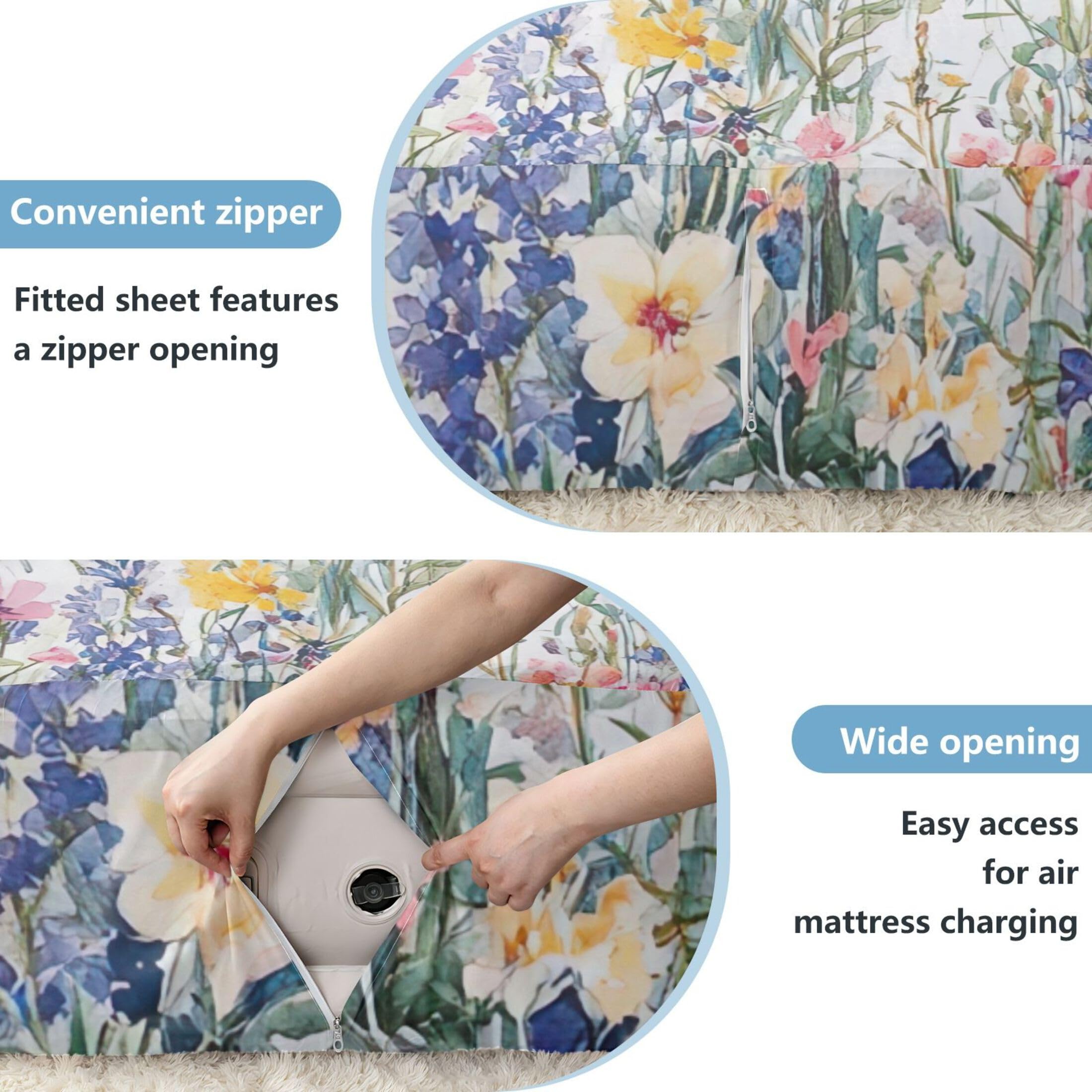 Vibrantes flores silvestres sábana bajera para colchón de aire, bolsillo extra profundo de 24 pulgadas, funda suave y transpirable con apertura de válvula de cremallera para cama de aire
