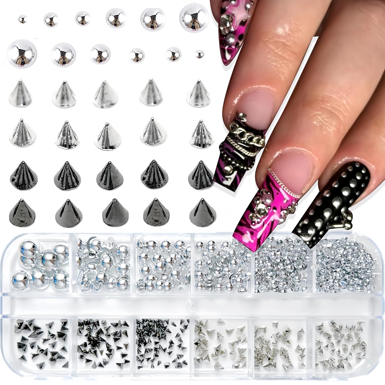 12 Grids Punk Bullet Rivet Nail Charms 3D Alloy Flat Bottomed Pointed Cone Mixed Black Silver Nail Rhinestones Studs Cone Spikes Alloy Nail Rivets Jewelry Spike Nails for Women DIY Nail Decoration