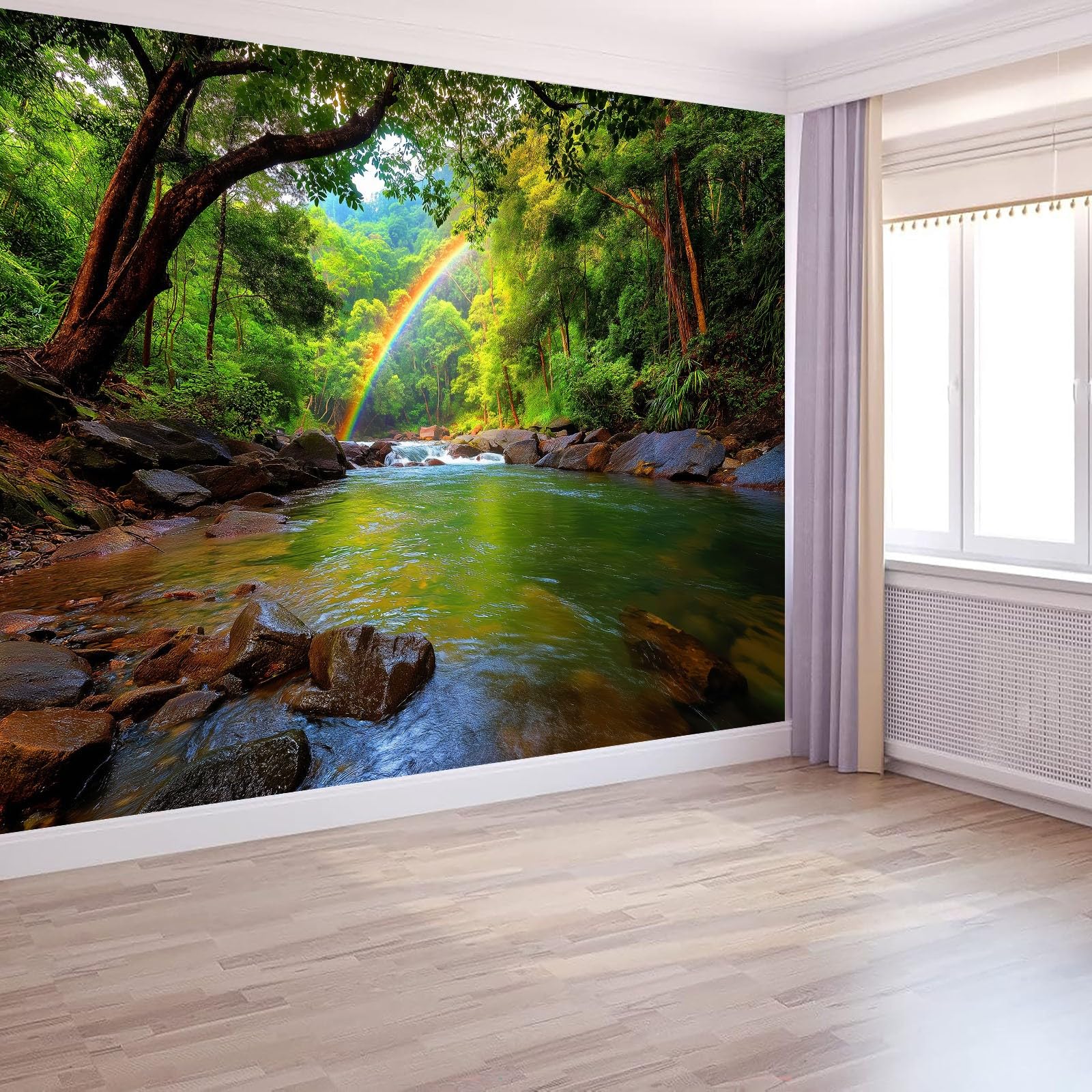 Generico Panoramiczna tapeta XXL tropikalny las wodospad tęcza słońce, dekoracyjny plakat ścienny zielony do pokoju dziecięcego, sypialni i salonu 250 x 175 cm