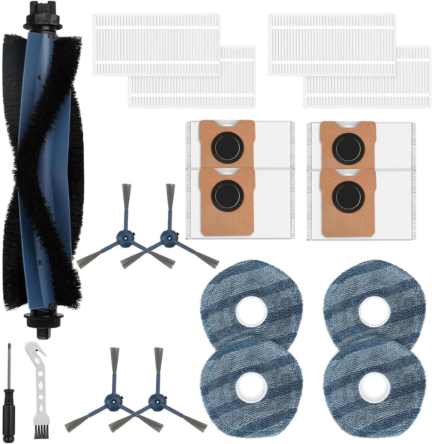 28PCS Accessories Replacement Kit for Eufy Omni C20 Robotic Vacuum and Mop Cleaner, 2 Main Brushes, 6 Side Brushes, 6 Hepa Filters, 6 Dust Bags, 6 Mop Cloths, 1 Cleaning Tool, 1 Screwdriver