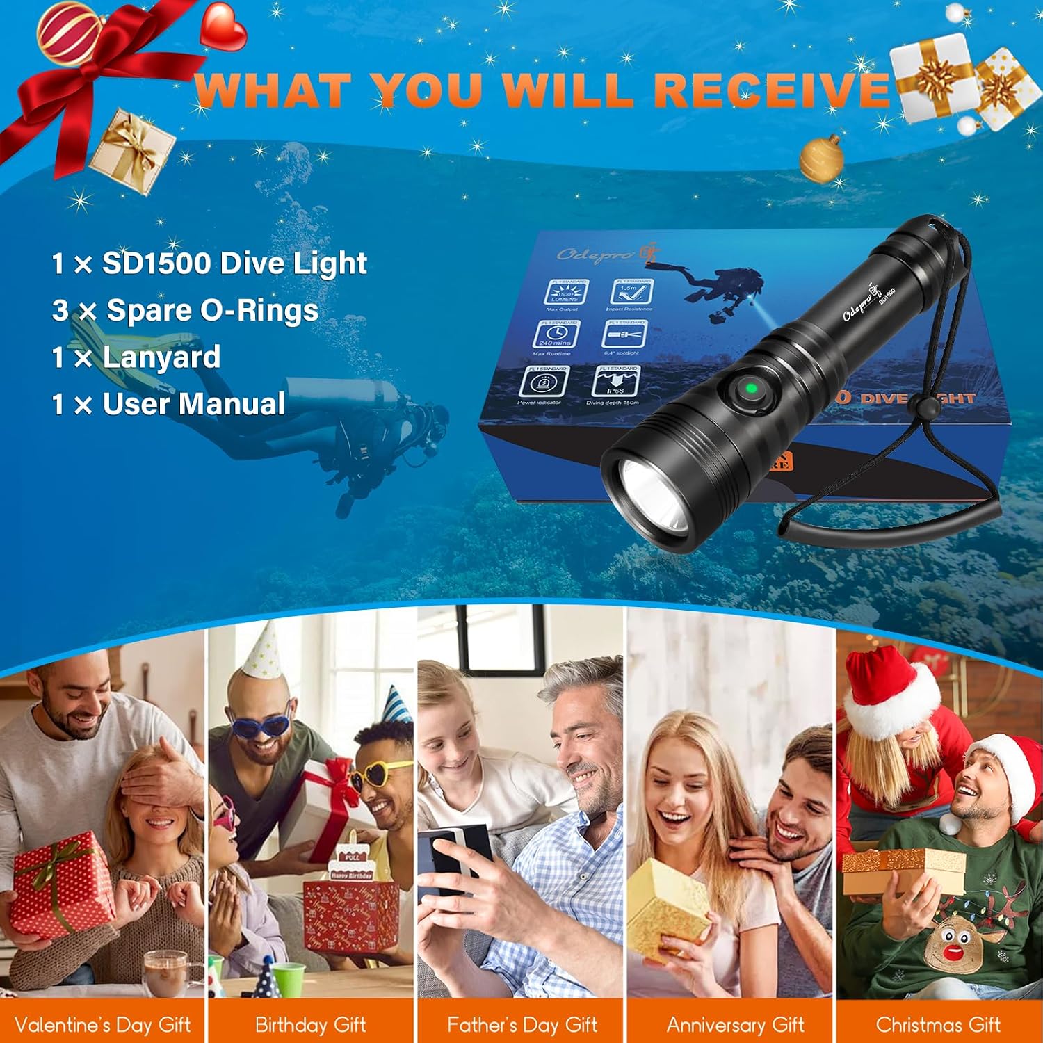 SD1500 Dive Light, 1500 Lumens Compact Scuba Diving Flashlight