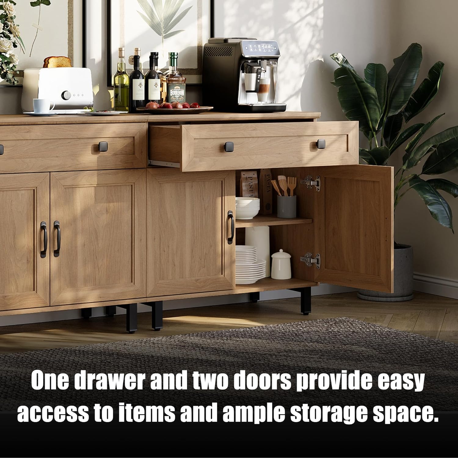FENSULN Modern Buffet Cabinet with 2 Doors and 1 Drawers, Large Coffee Bar Table Wood Kitchen Storage Cabinets with Storage Cabinets, Modern Farmhouse Sideboard Credenza for Dining Room, Oak