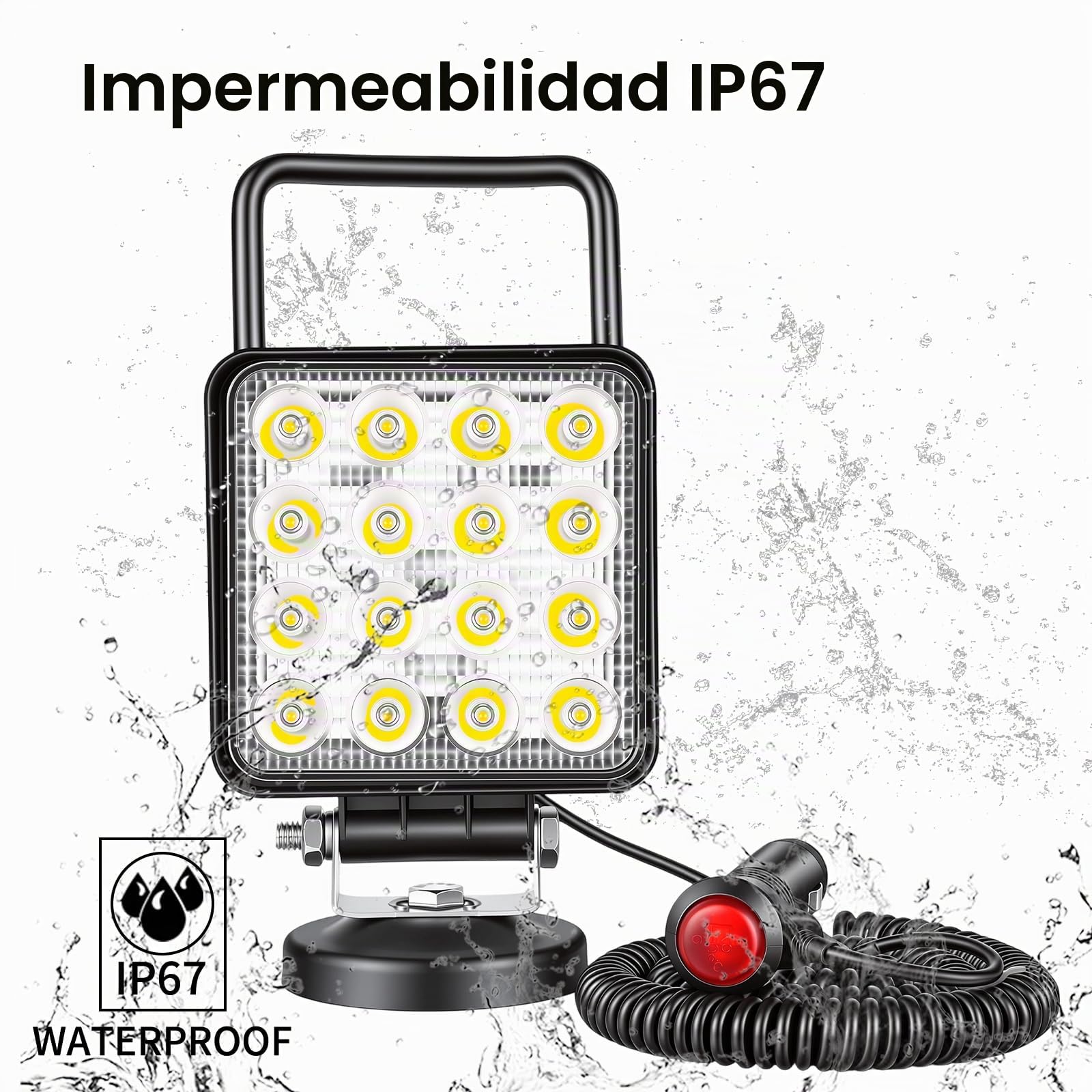 RIGIDON 4 Pulgadas 48W luz de trabajo led con base magnética, Spot Lámpara Trabajo led Portatil 12V 24V para Off Road camión Coche SUV 4x4, Faro Foco led con imán 6000K Blanco