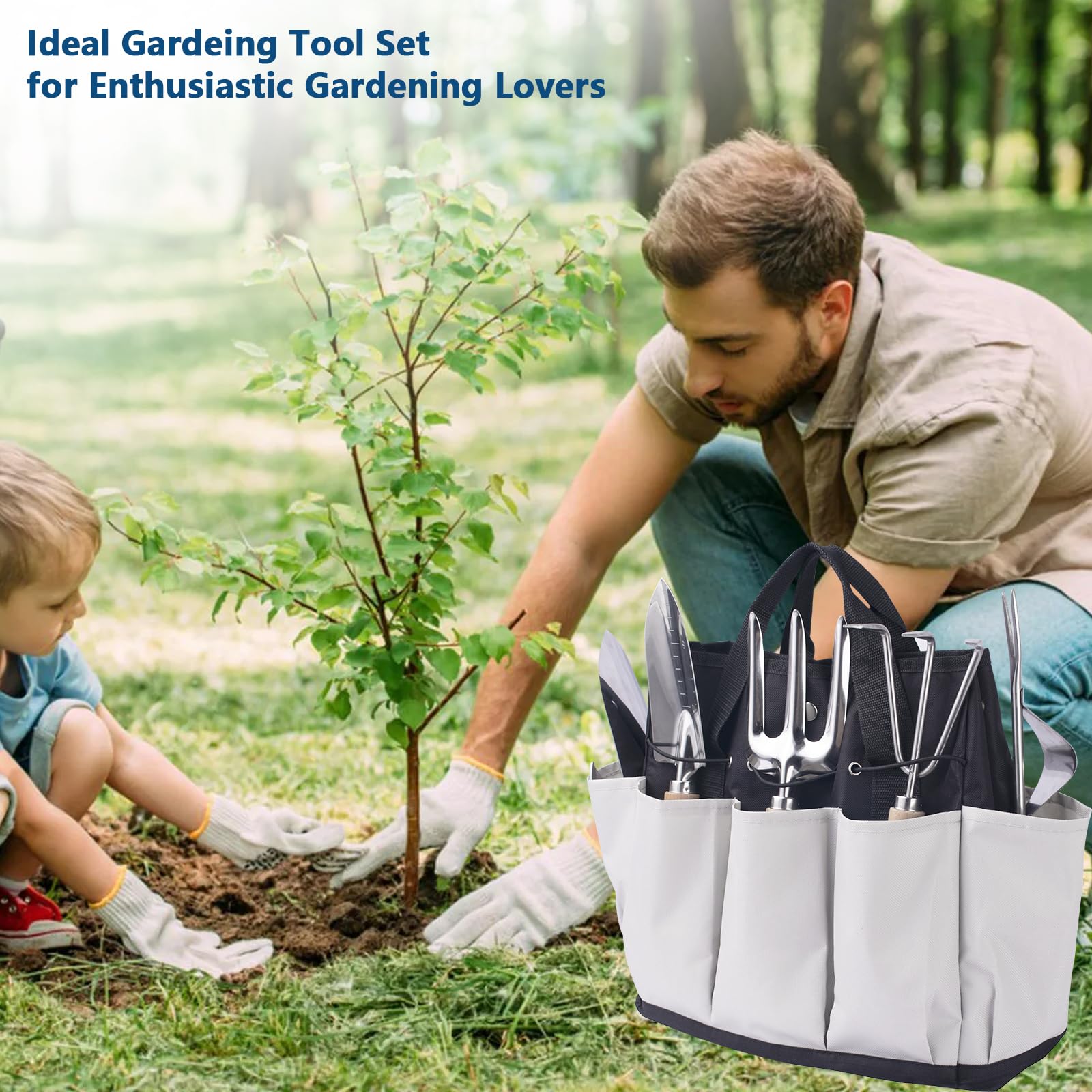Juego de herramientas de jardín, kit de jardinería resistente de acero inoxidable, con bolsa de herramientas de jardín de gran capacidad, herramientas de mano para exteriores, kit de herramientas de