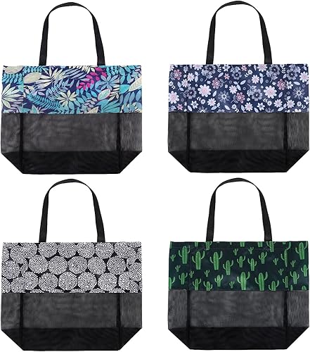 hsmyank Paquete de 4 bolsas de playa de malla reutilizable, malla con tela de patrón, versátil para regalos, comestibles, compras, natación,