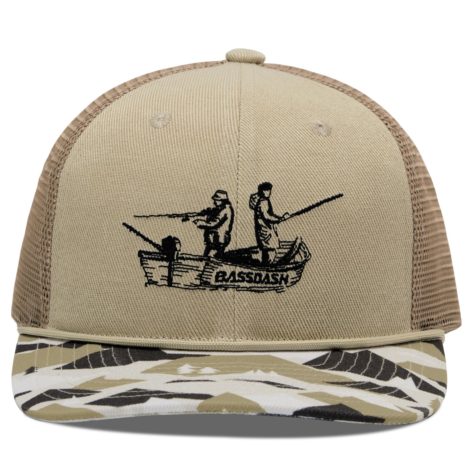 BASSDASH Gorra de béisbol bordada ajustable con cuerda de camuflaje, parte trasera de malla, para caza, pesca con mosca, camping