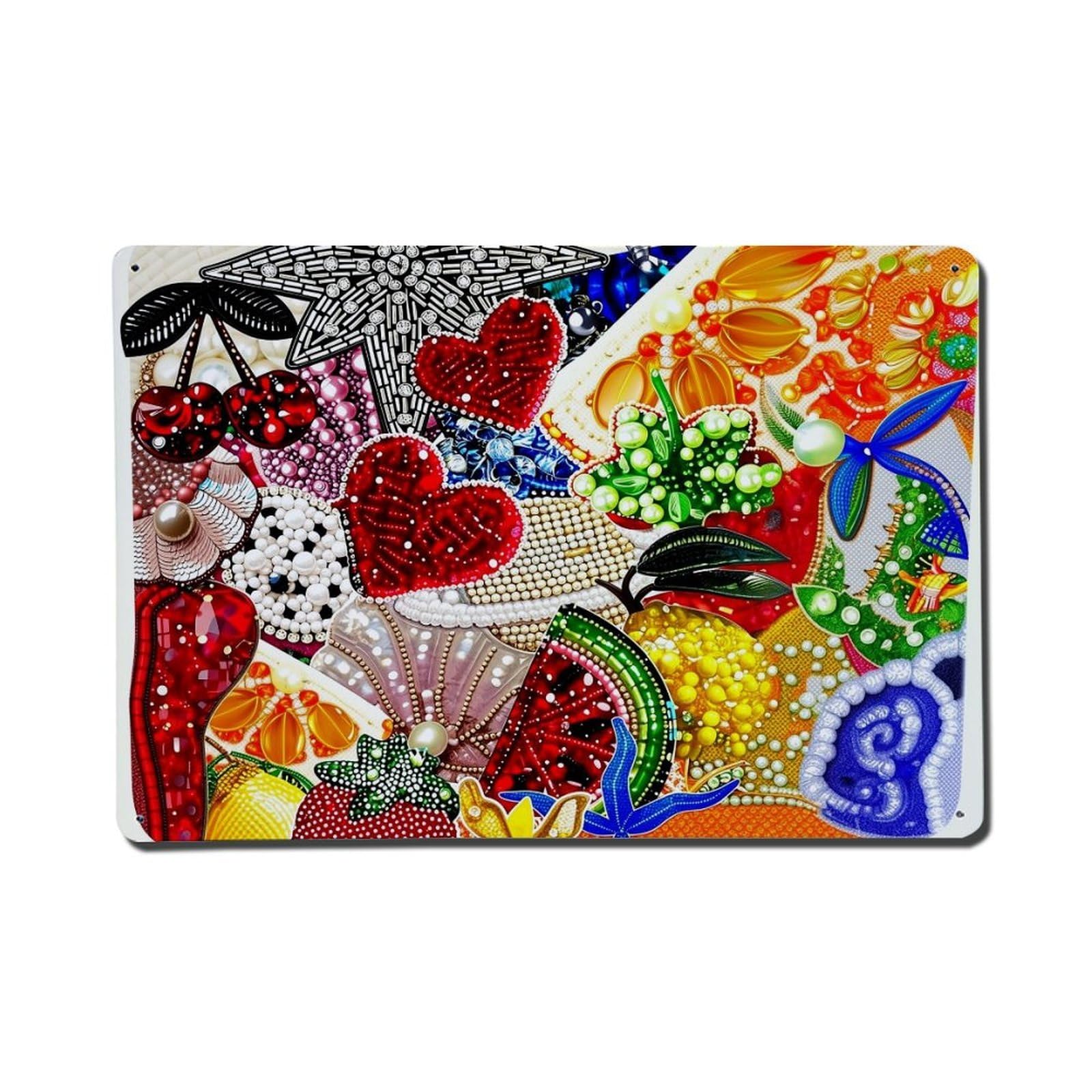 Colorful Beaded Fruit And Heart Pattern Metal Tin Sign Plaque