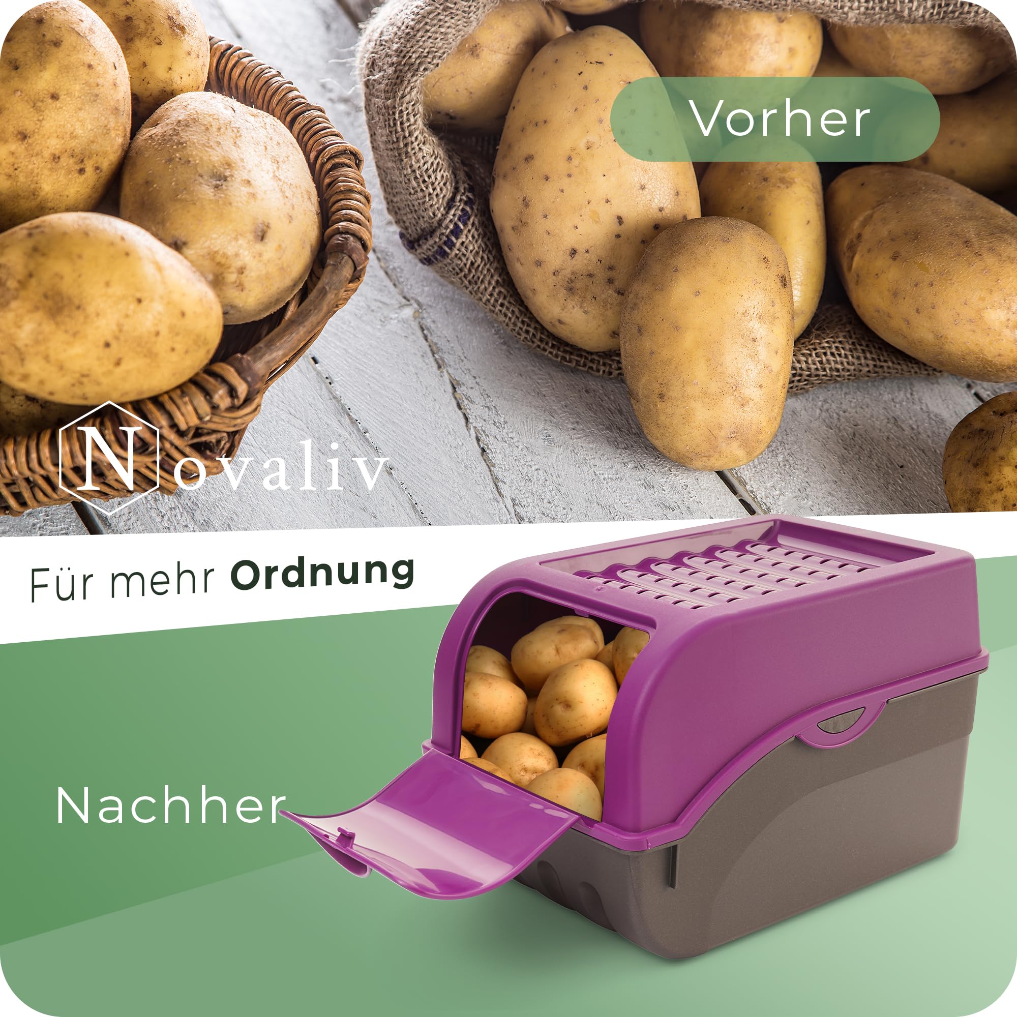 Novaliv Kartoffel Aufbewahrungsbox | 3X groß 9L | LILA | Zwiebelbox | Gemüsebox stapelbar Kartoffelbox Zwiebel Aufbewahrung Kartoffelkorb Obstbehälter Kartoffelkiste Frischhaltedose