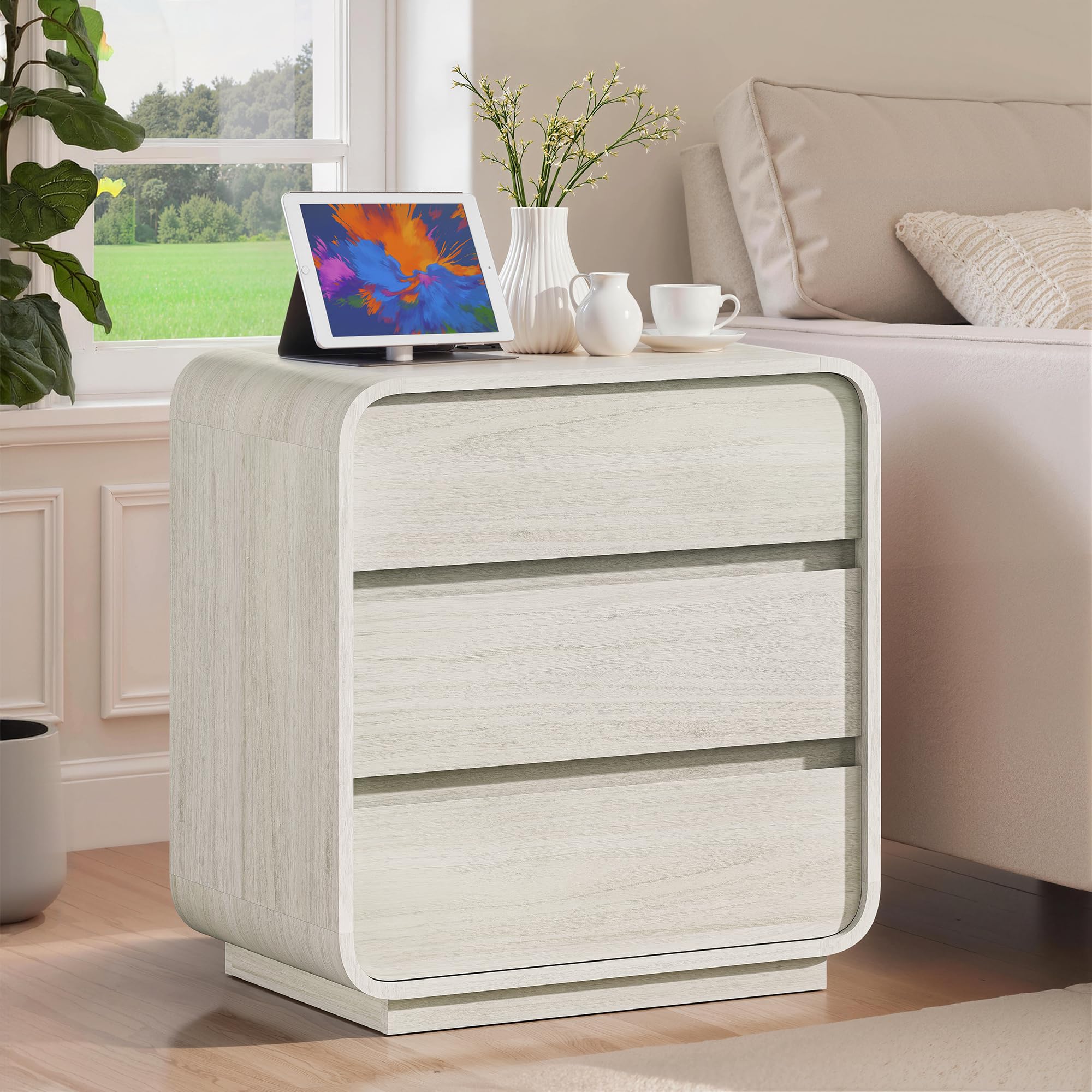 White Night Stand Charging Station 3 Drawers Bedside Table - Dettaglio