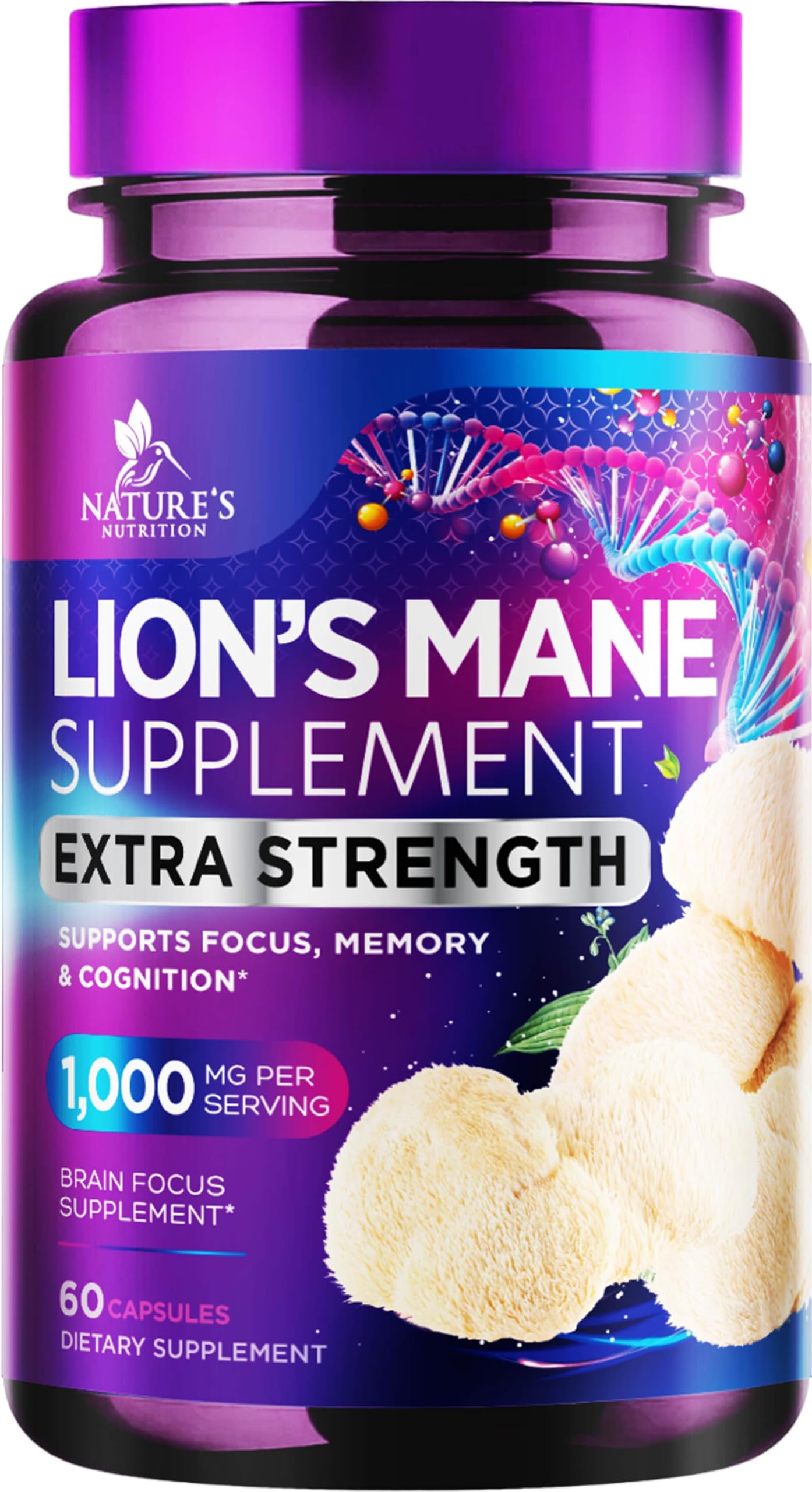 Lion's Mane Mushroom Supplement - Extra Strength Lions Mane Extract - Natural Memory & Focus Support - Brain & Immune Health Support - Vegan LionsMane Mushroom Powder - Bottled in USA - 60 Capsules 60 Count (Pack of 1)