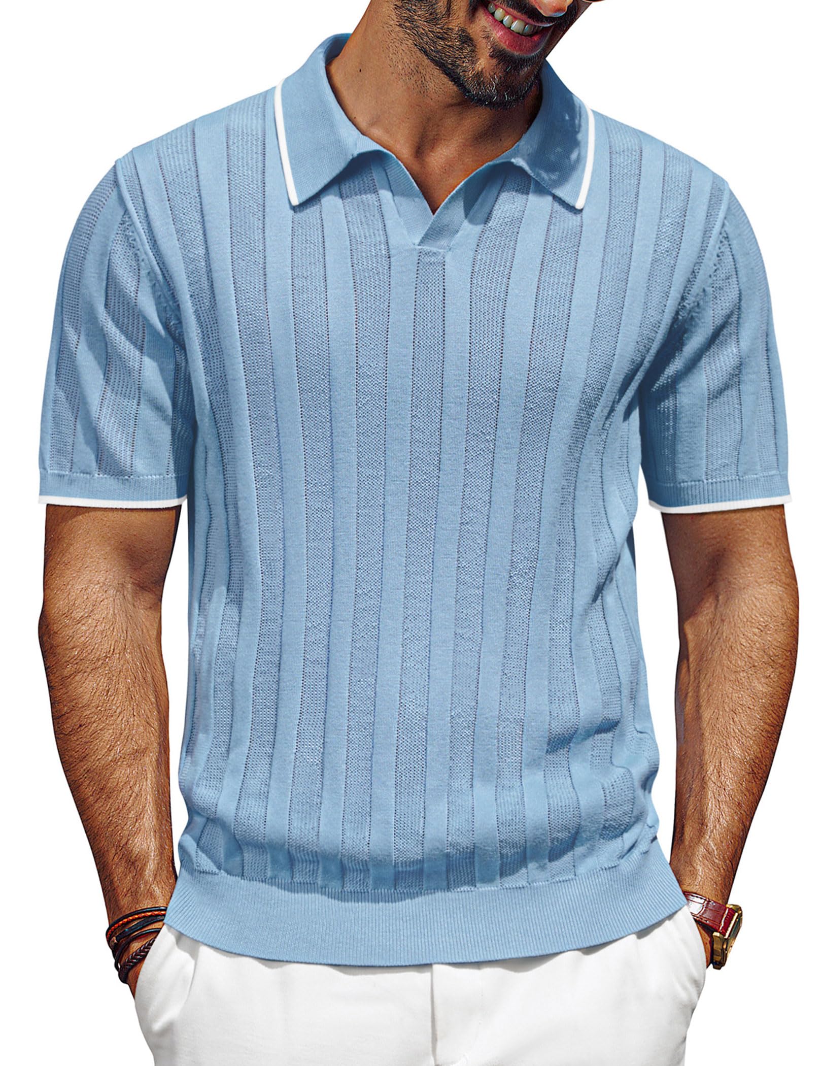 PJ PAUL JONES Polo de golf para hombre, ajuste regular, texturizado, cuello en V, para golf