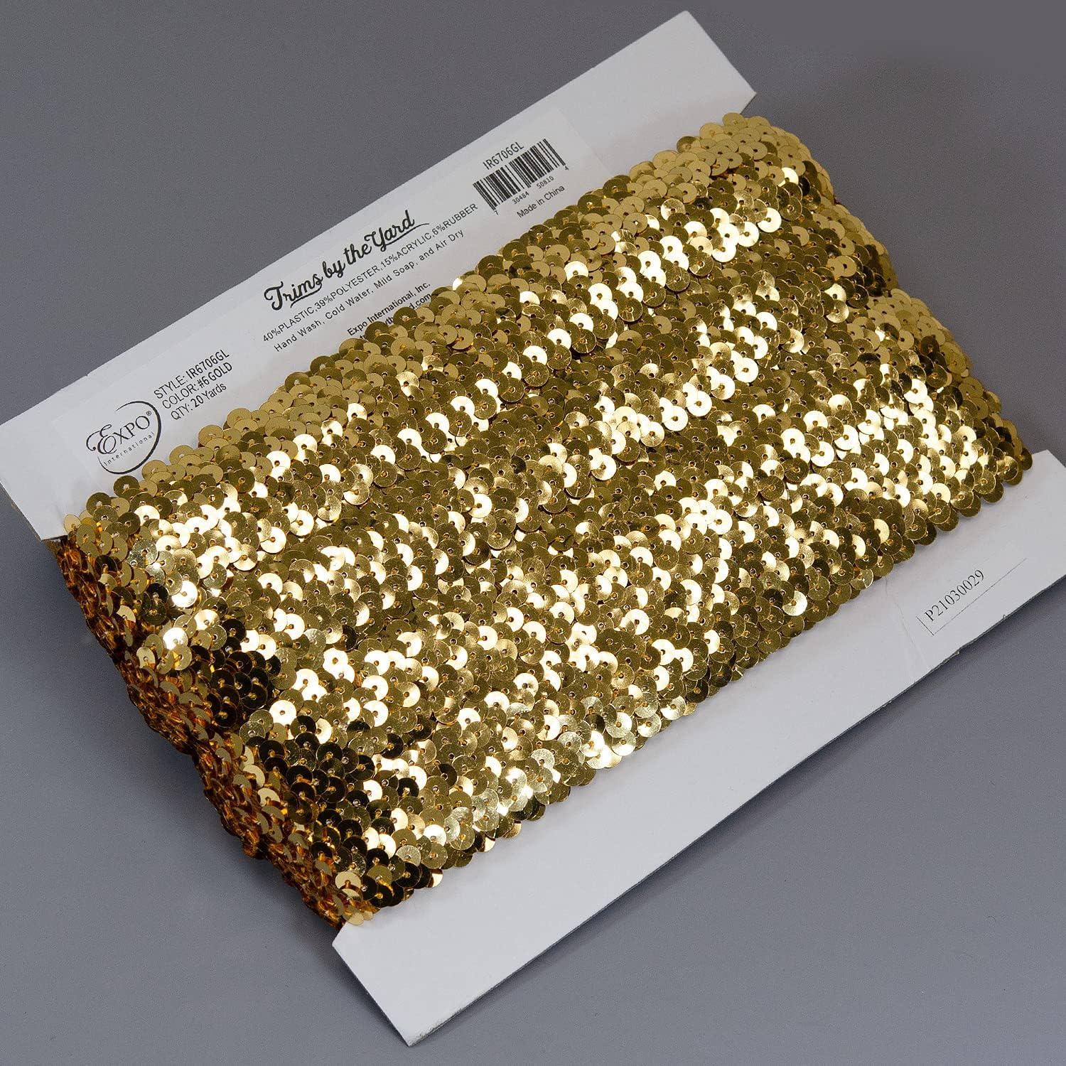 Trims By The Yard 3-Row Metallic Stretch Sequin Trim, 1 1/4-Inch Versatile Sequins for Crafts, Durable Sequin Trim for Costumes, Fashion, and Home Decor, 5-Yard Cut, Gold