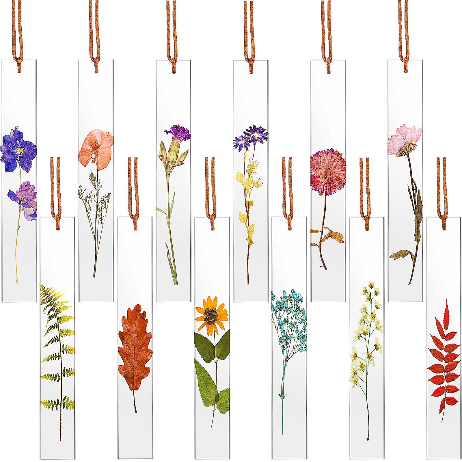 12 Pieces Pressed Flower Bookmarks Dried Flower Acrylic Bookmarks Colorful Transparent Floral Page Marker with Leather Rope for Women Girls, Back-to-School, Graduation Present (Not Real Flower)
