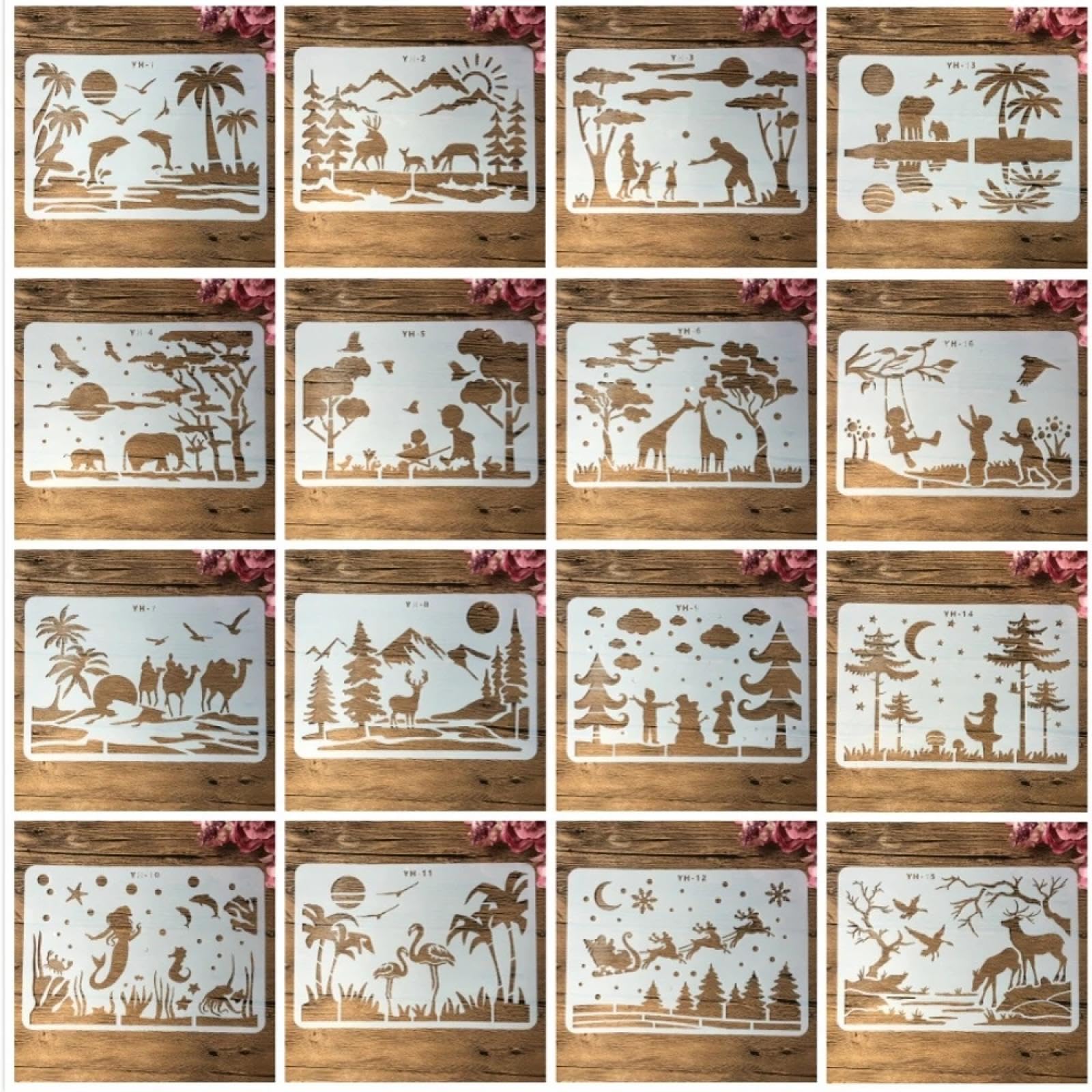 Stencil riutilizzabili, 16 pezzi, formato A4, 29 cm, stencil per pittura su legno, decorazione da parete per la casa