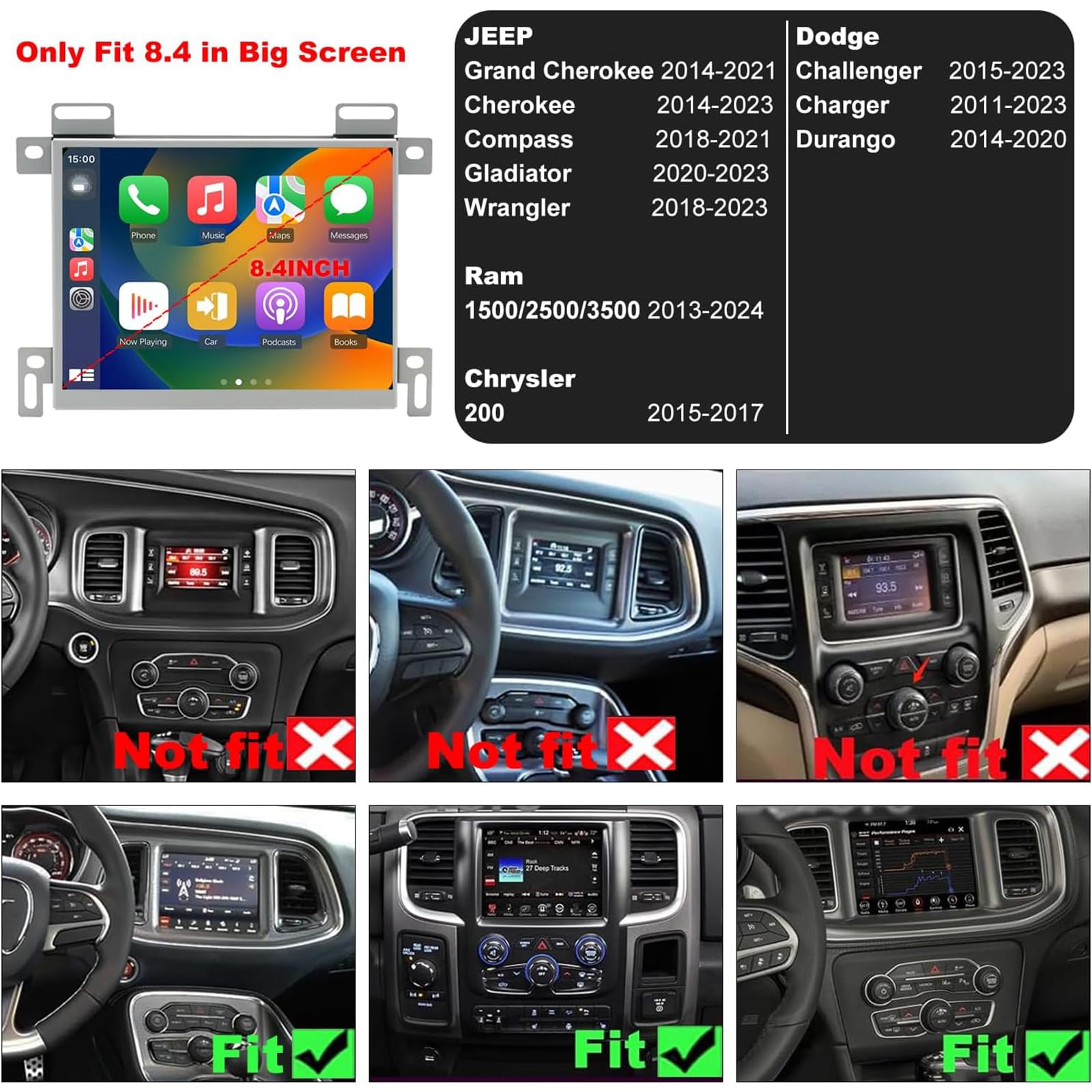 Radio do J-eep Grand Cherokee 2014-2021 Dodge RAM 1500/2500/3500 2013-2024 Dodge Challenger Charger Durango 2011-2023, 8,4″samochodowe stereo bezprzewodowa nawigacja GPS Carplay(Color:8 CORE 8+256G)
