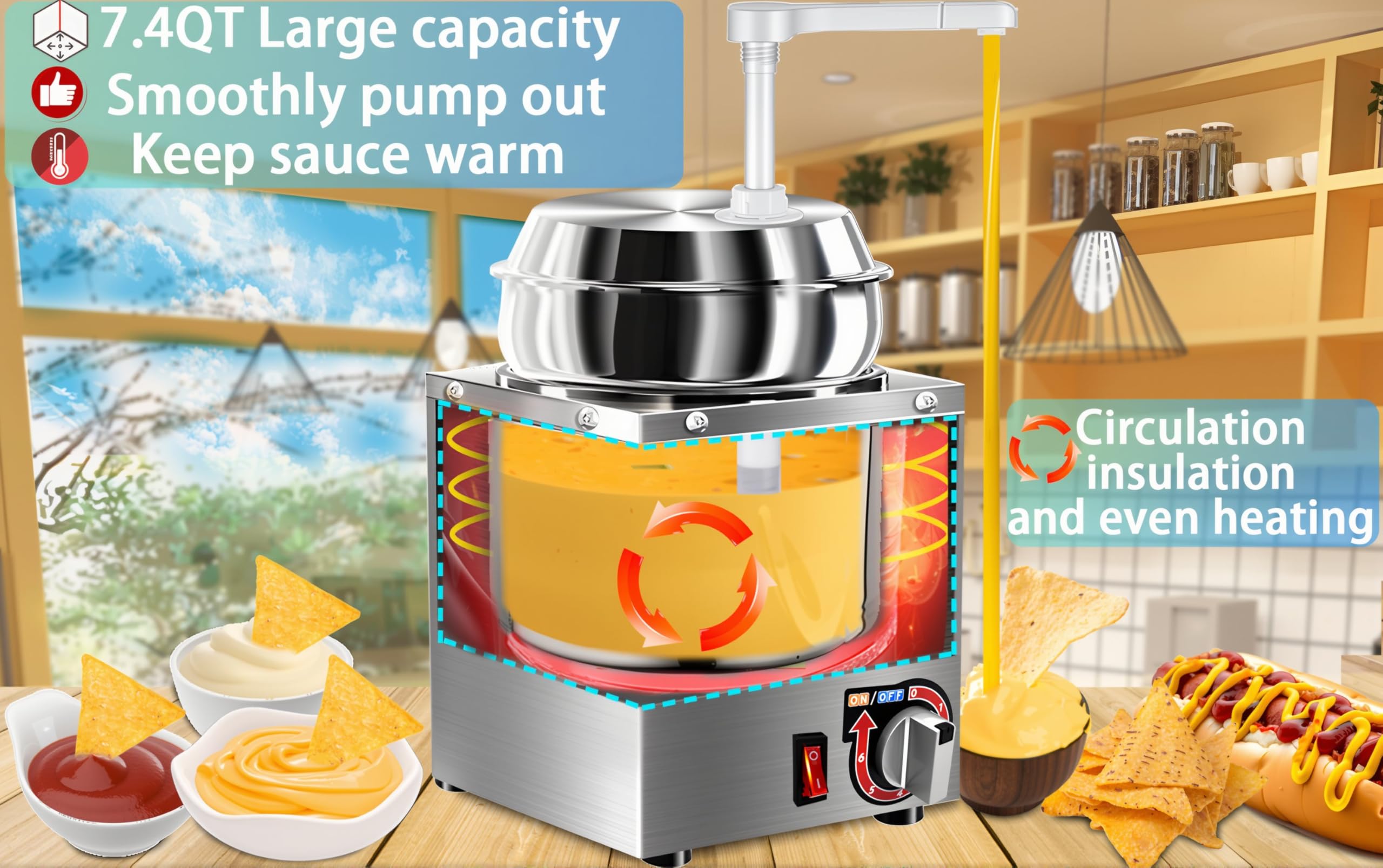 Dispensador de queso Nacho, calentador de queso nacho de 7.4 cuartos con bomba, calentador de caramelo caliente de acero inoxidable con ajuste de temperatura de 6 niveles, dispensador de salsa