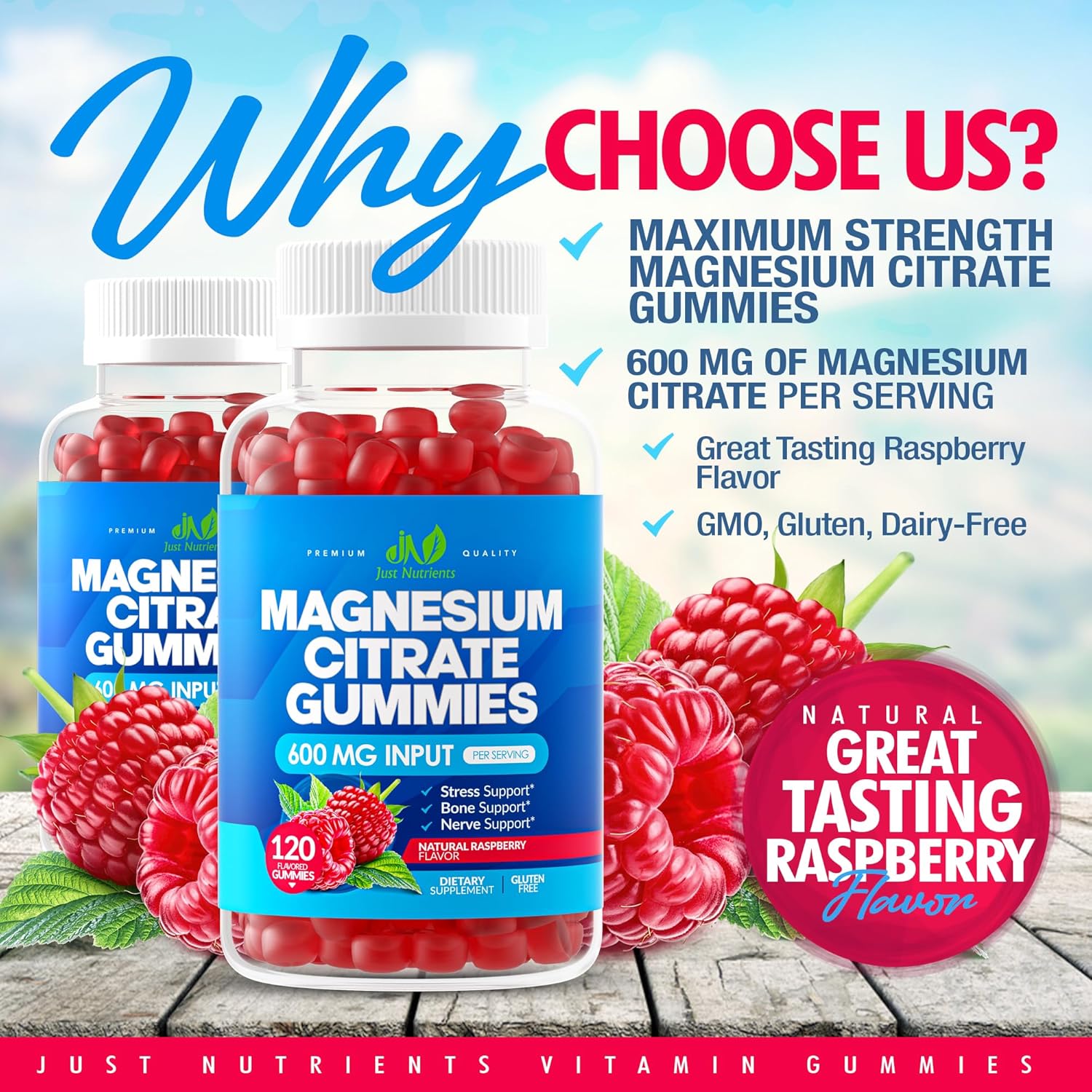 Magnesium Citrate 600mg Gummies (120 Count) - Maximum Strength, Supports Calm, Bone, Heart & Nerve Health - Gluten-Free, Non-GMO, Vegetarian, Great Tasting Raspberry Flavor - 60 Servings - Image 2