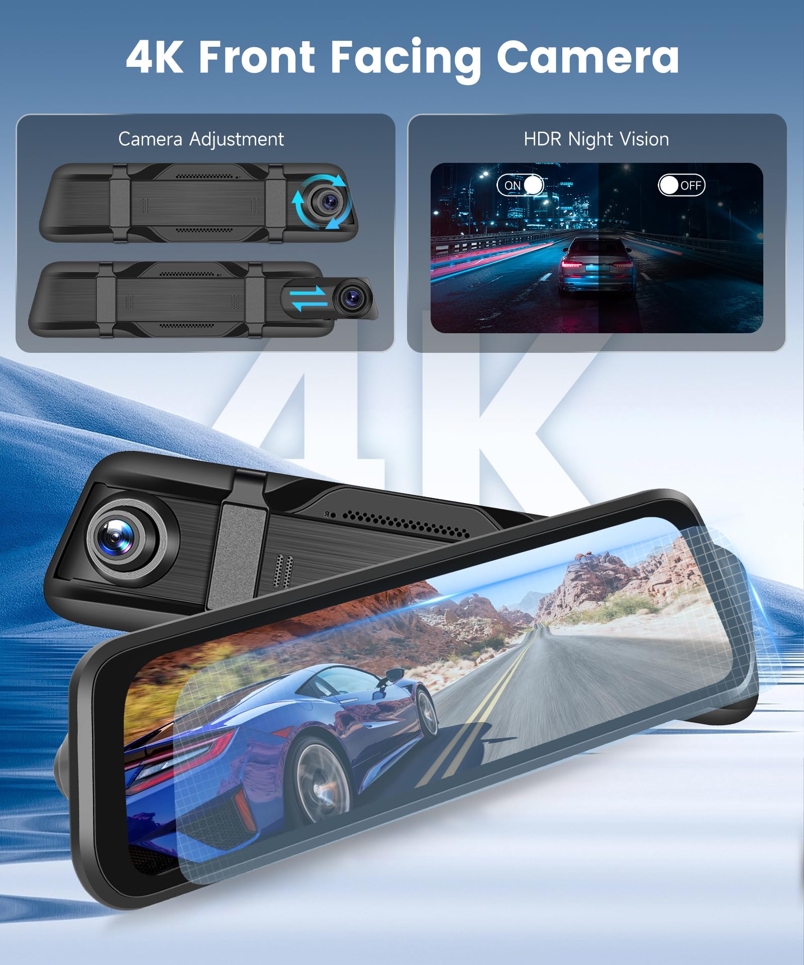 Rimoody 4K Espejo Retrovisor Coche Dash CAM Cámara 9.66 Pulgadas Pantalla Táctil IPS Dashcam Vista Delantera y Trasera Cámaras/Visión Nocturna HDR/GPS/WiFi y App Control/BSD y ADAS/Loop Video/Sensor G