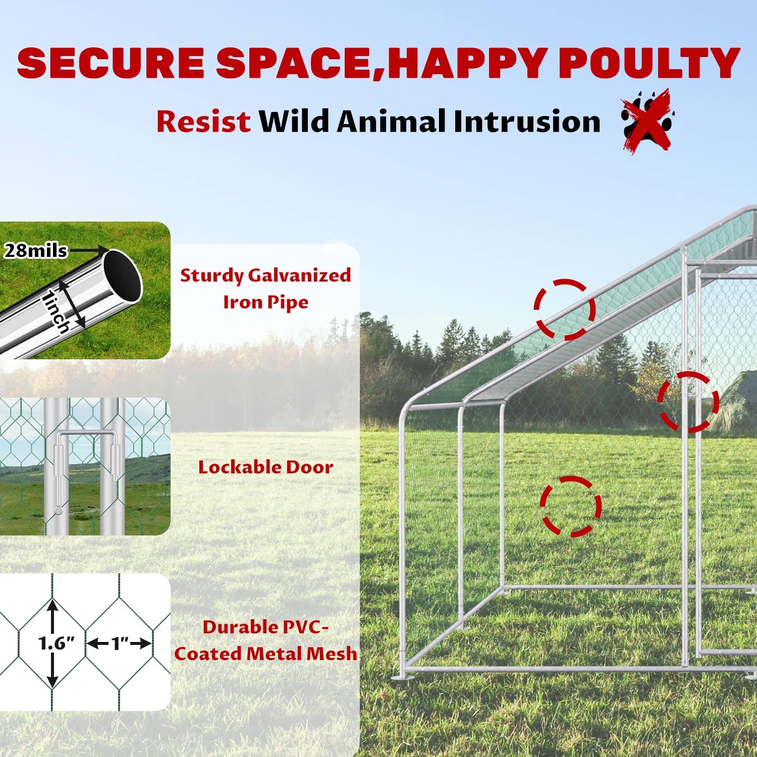 Chicken Coop Large Metal Chicken Run Pen, 10x10x6.5 ft (118"x118") Walk-in Poultry Cage for 10-15 Chickens Hens Ducks with Waterproof Cover for Outdoor Backyard, Farm, Yard